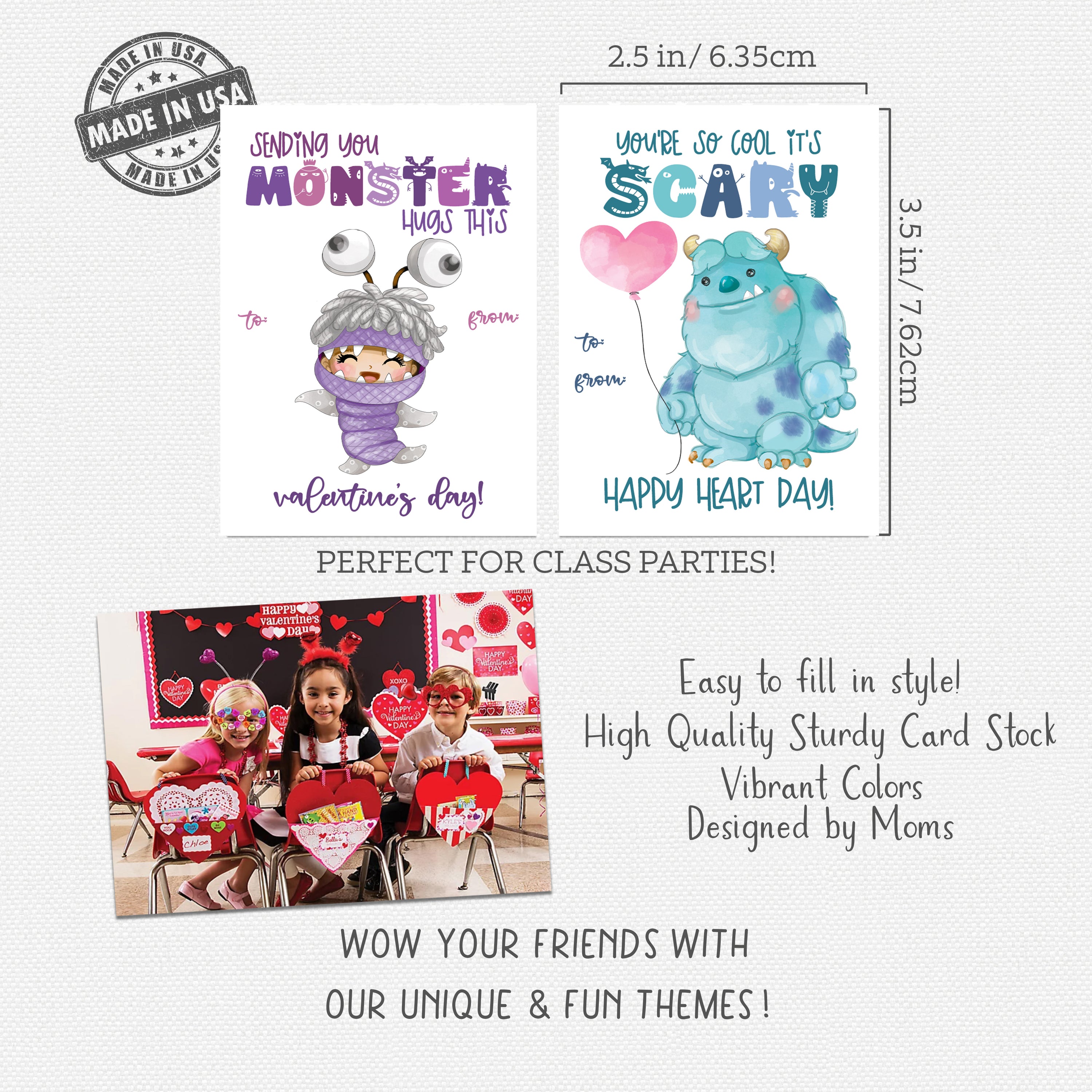 Darling Monster Character Themed Valentine Day Classroom Sharing Cards (Set of 24) Valentine's Class Work Party Exchange - You're So Cool It's Scary