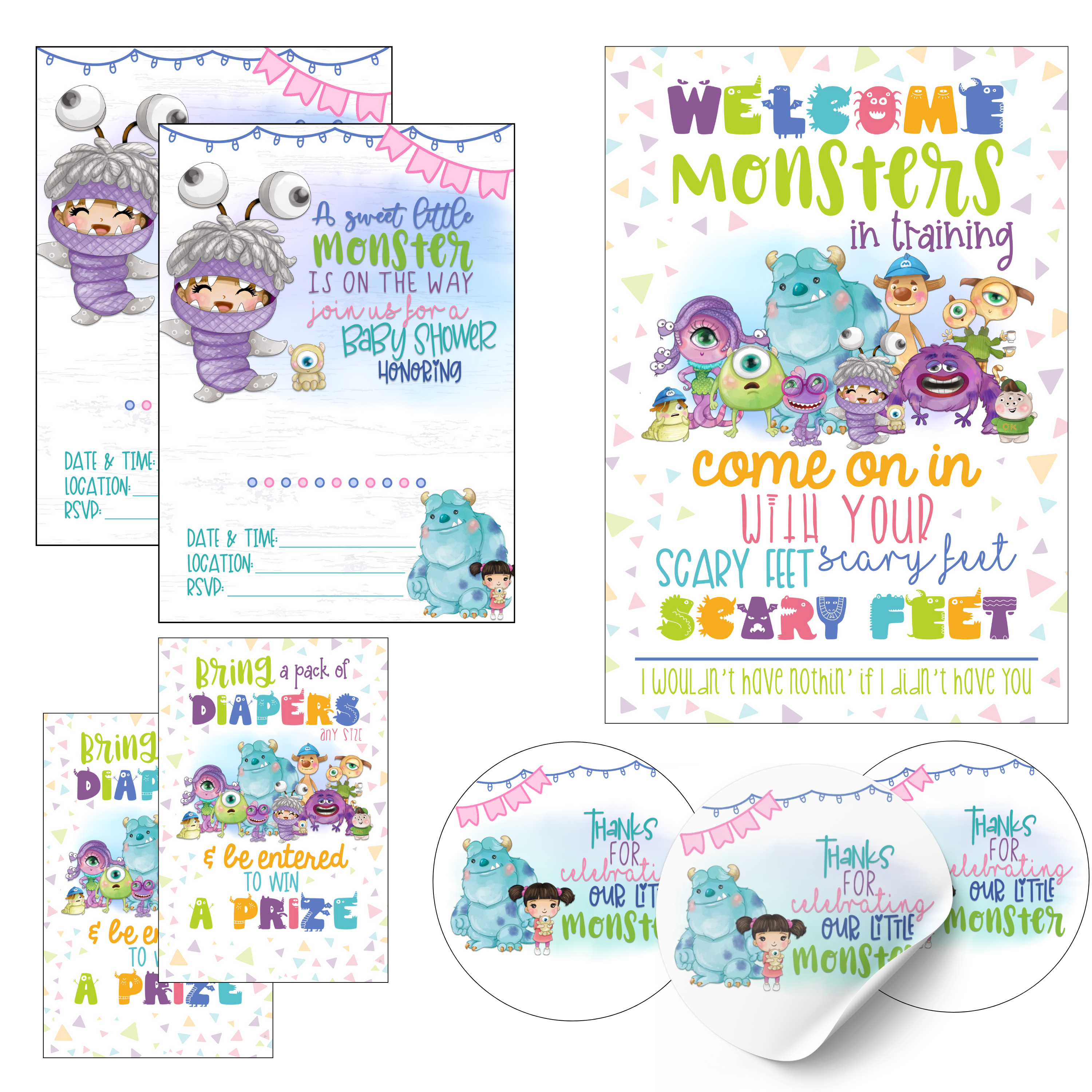 Colorful little monster baby shower party supplies set on a pastel background