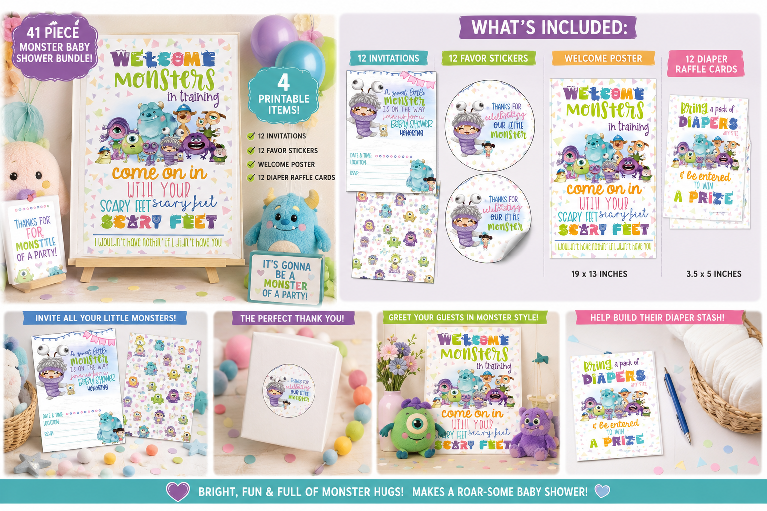 Little monster baby shower bundle with invitations, welcome banner, diaper raffle cards and favor stickers