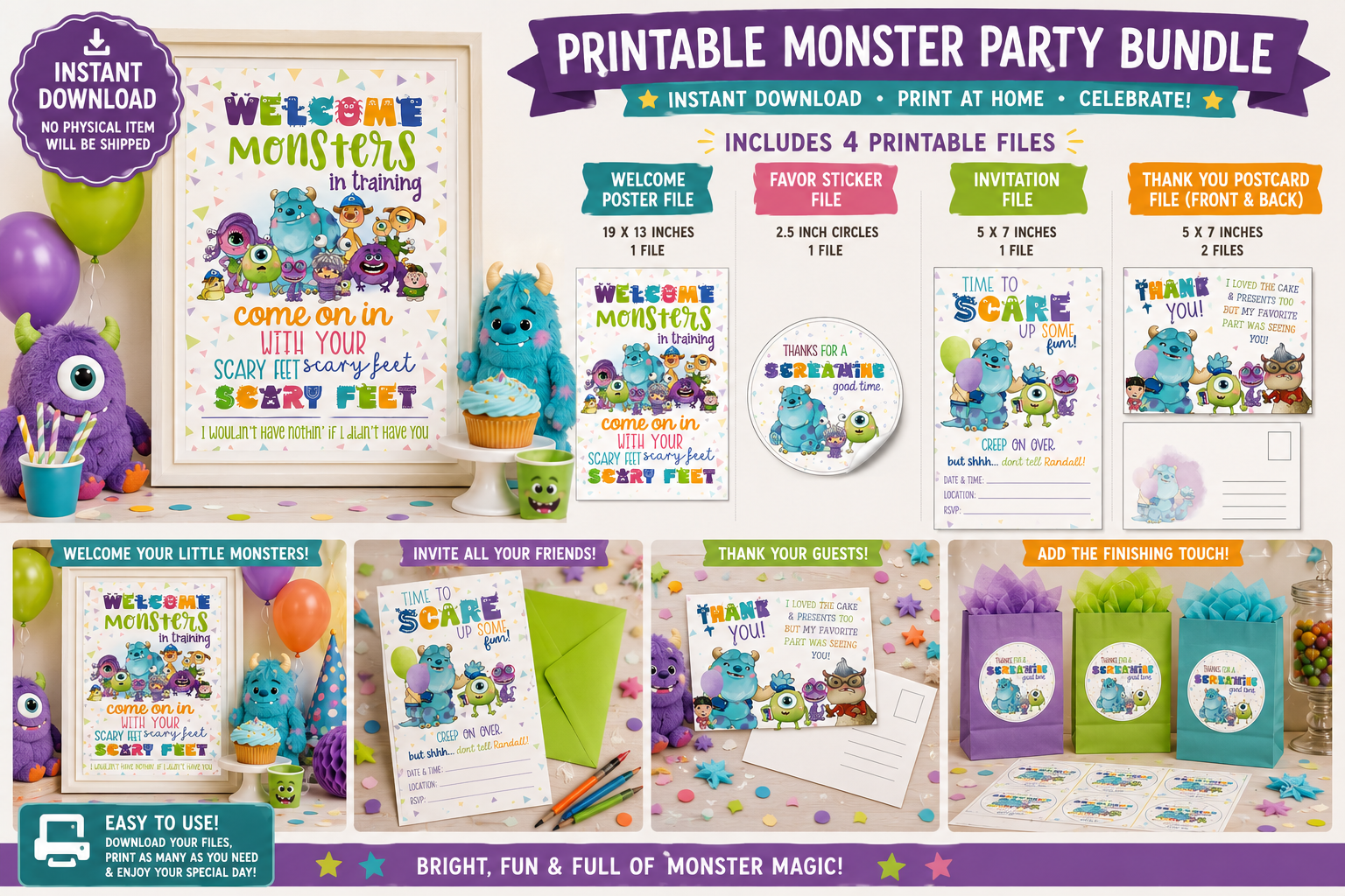 Colorful monster themed party supply bundle with invitations, stickers, thank-you cards and welcome banner