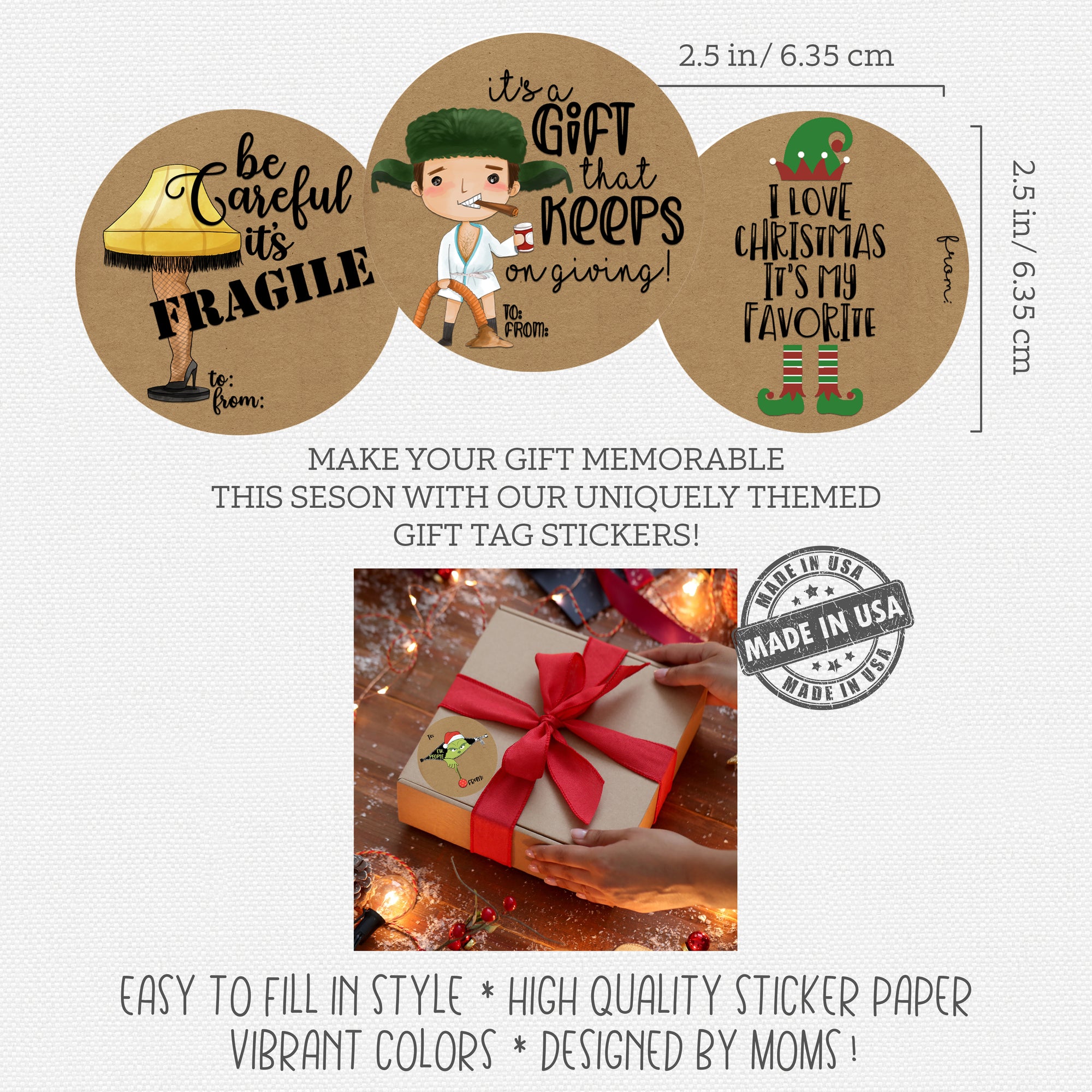 Christmas Movie Holiday Themed Gift Tag Sticker Labels for Presents (24 Included) Self Adhesive - Careful It's Fragile