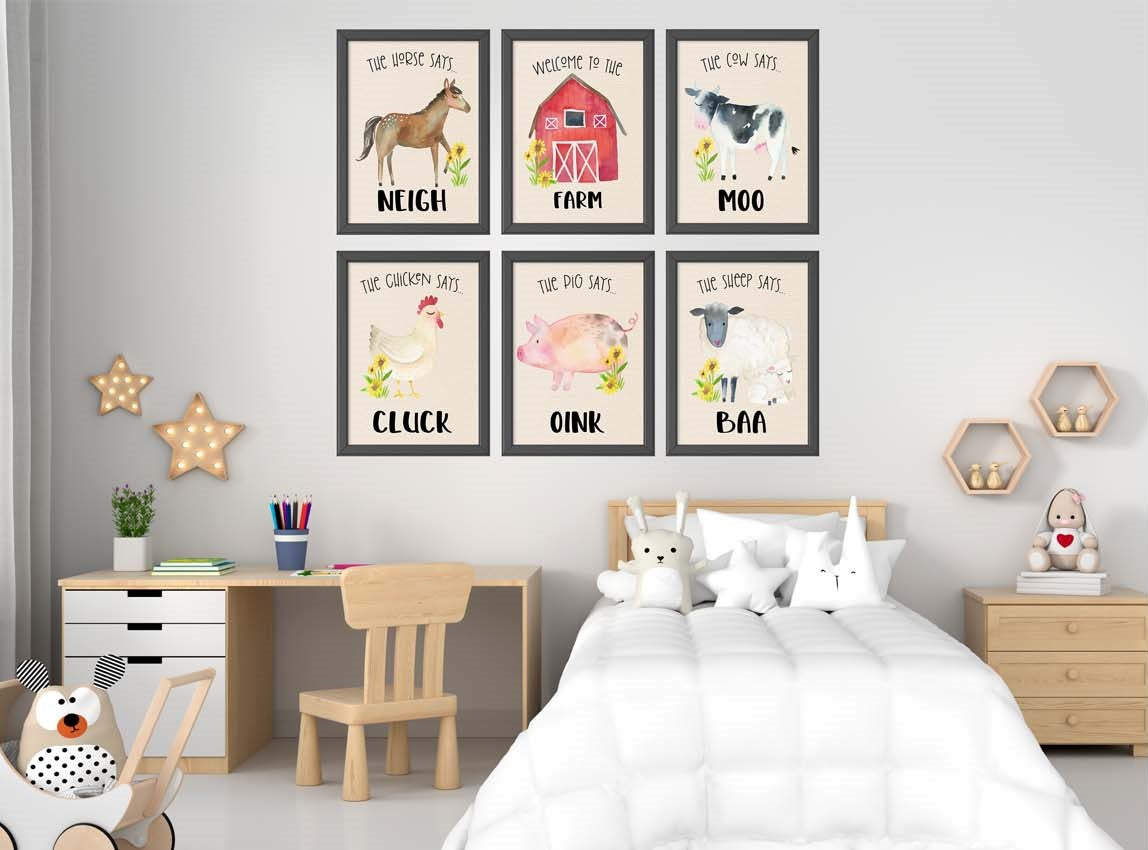 Farm Animal Nursery Wall Art Prints, Cow Pig Chicken - Set of 3