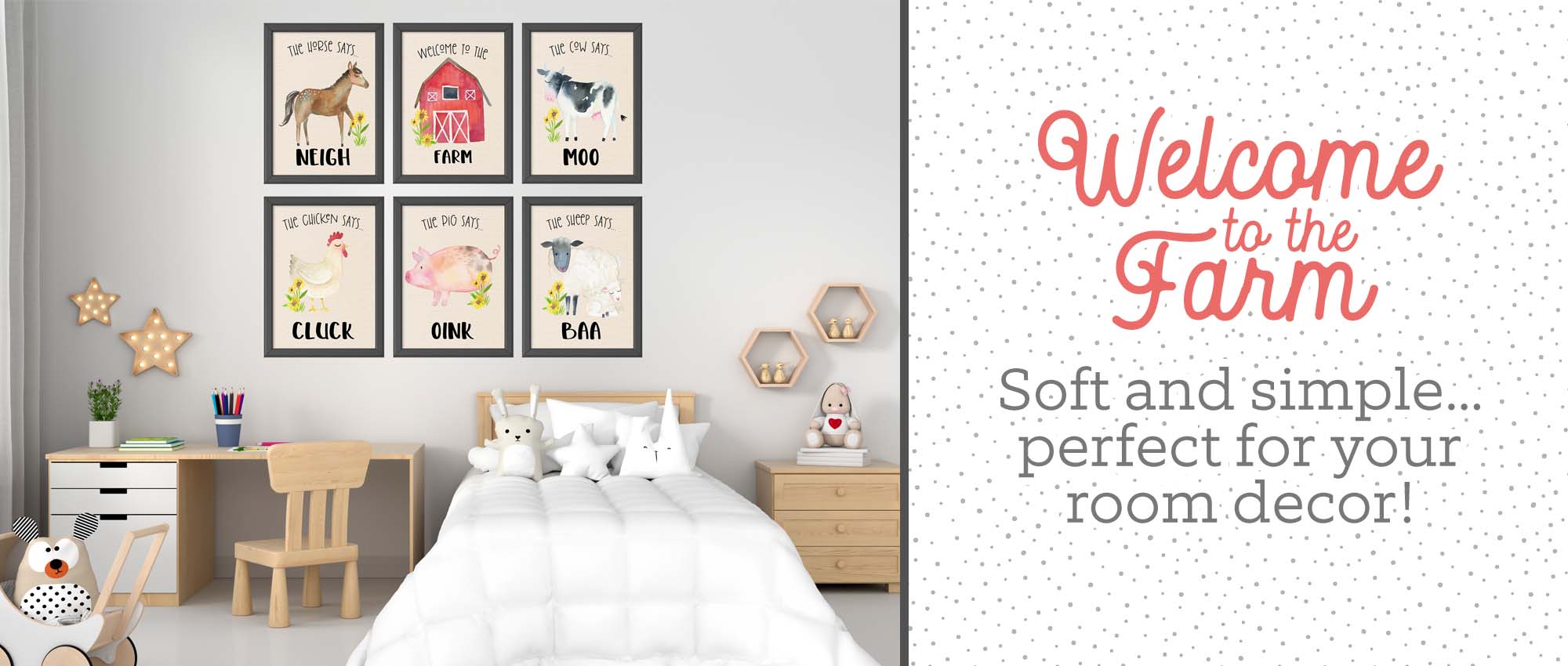 Farm Animal Nursery Wall Art Prints, Cow Pig Chicken - Set of 3