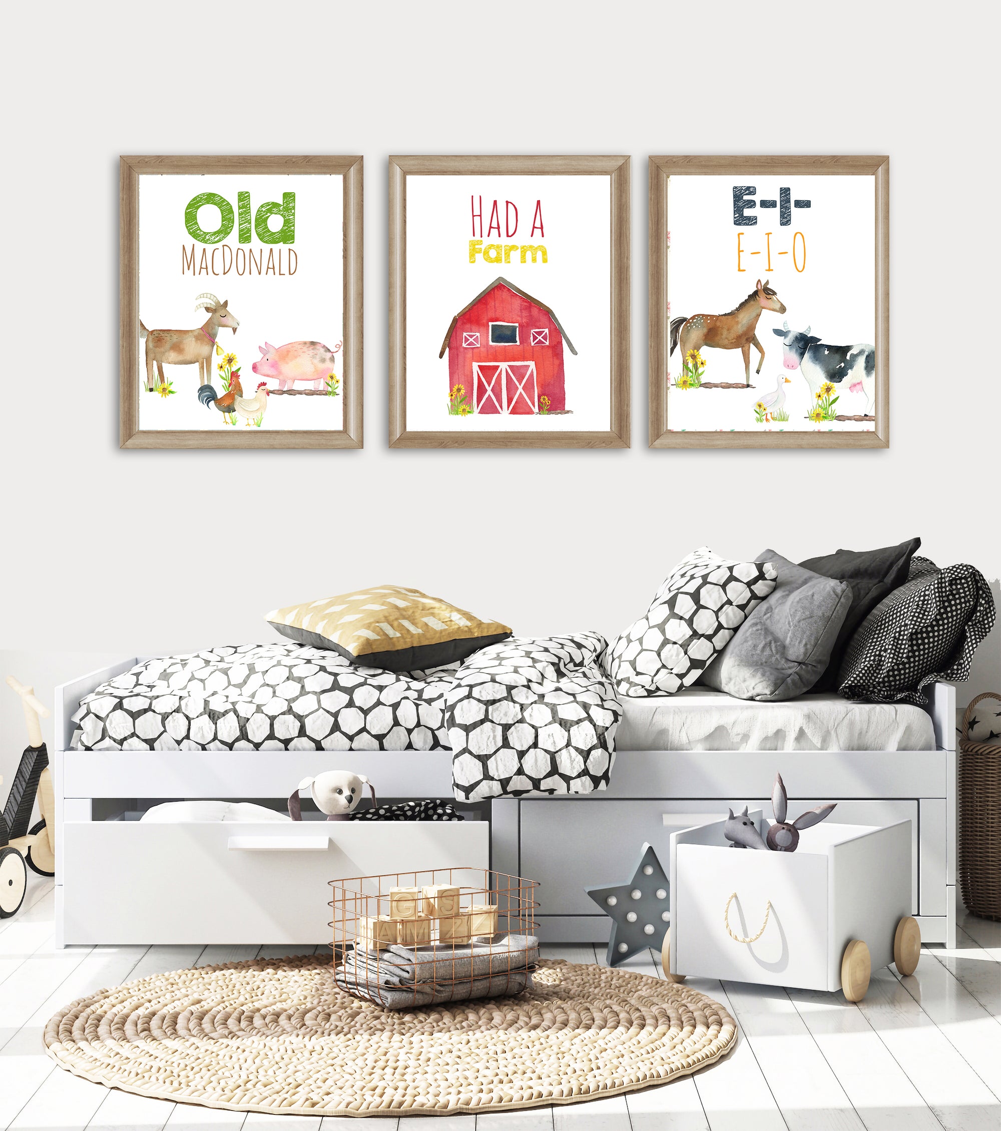 Old MacDonald farm animal nursery wall art print set of three