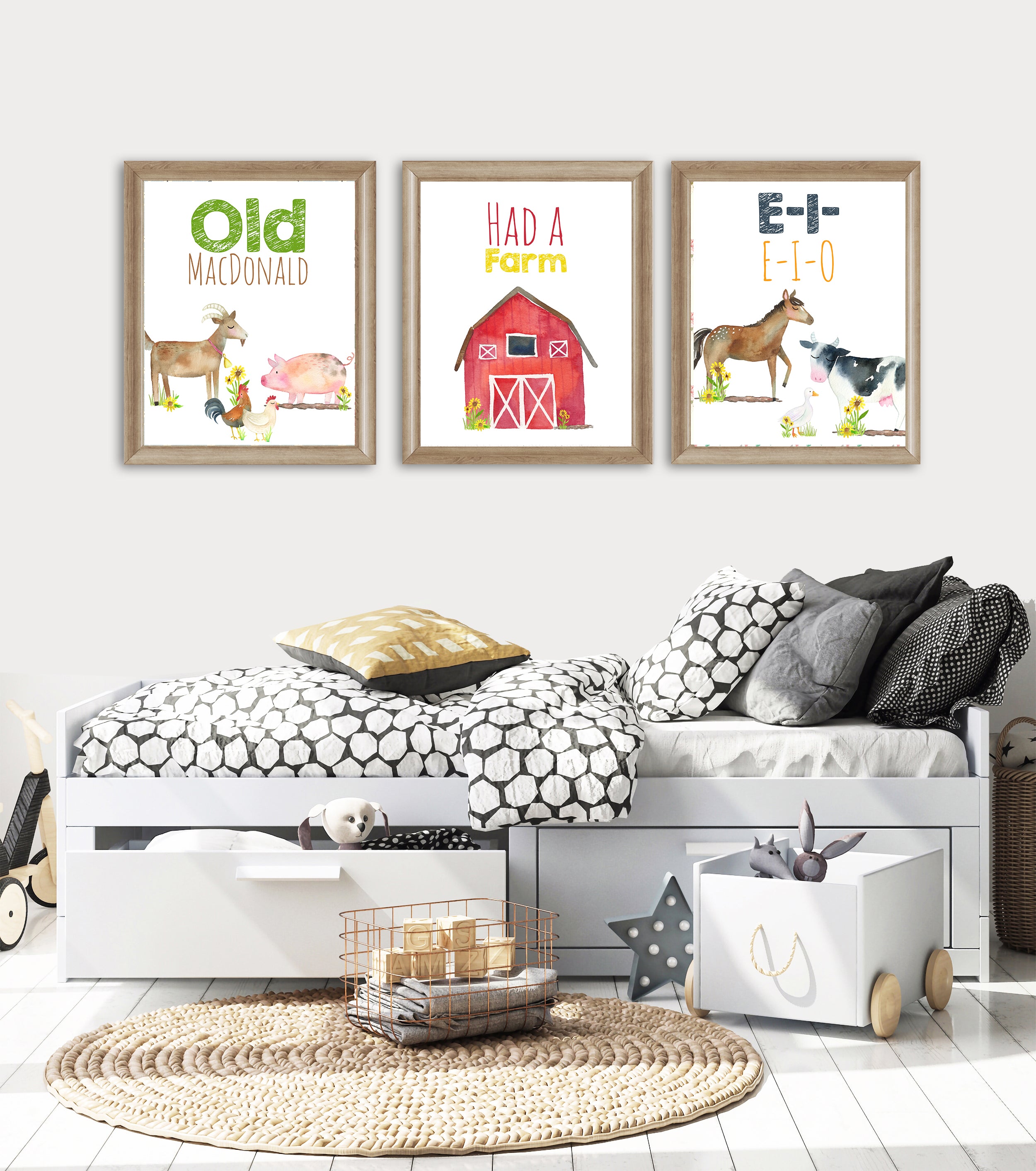 Old MacDonald Farm Animal Nursery Wall Art Prints, Set of 3
