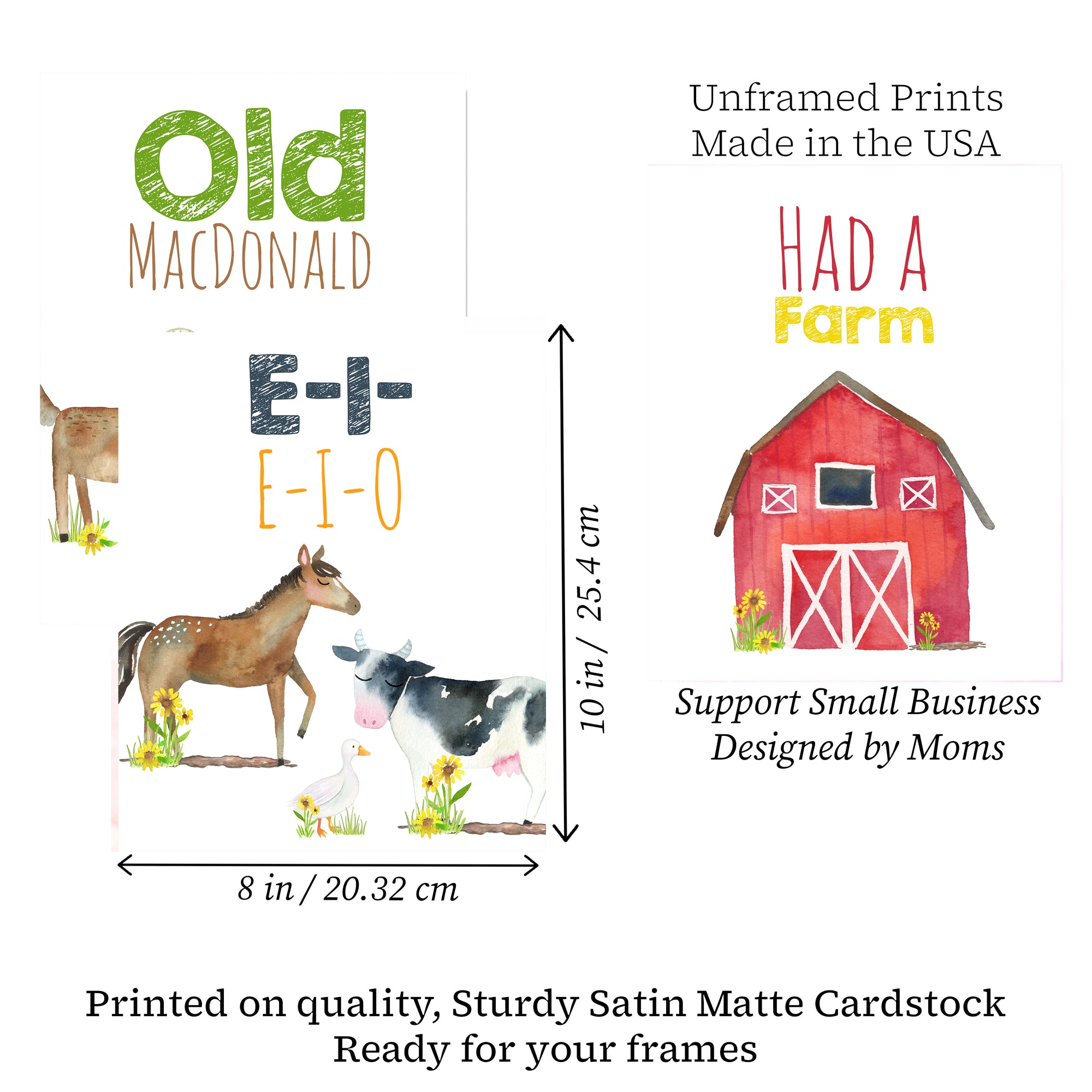 Old MacDonald Farm Animal Nursery Wall Art Prints, Set of 3
