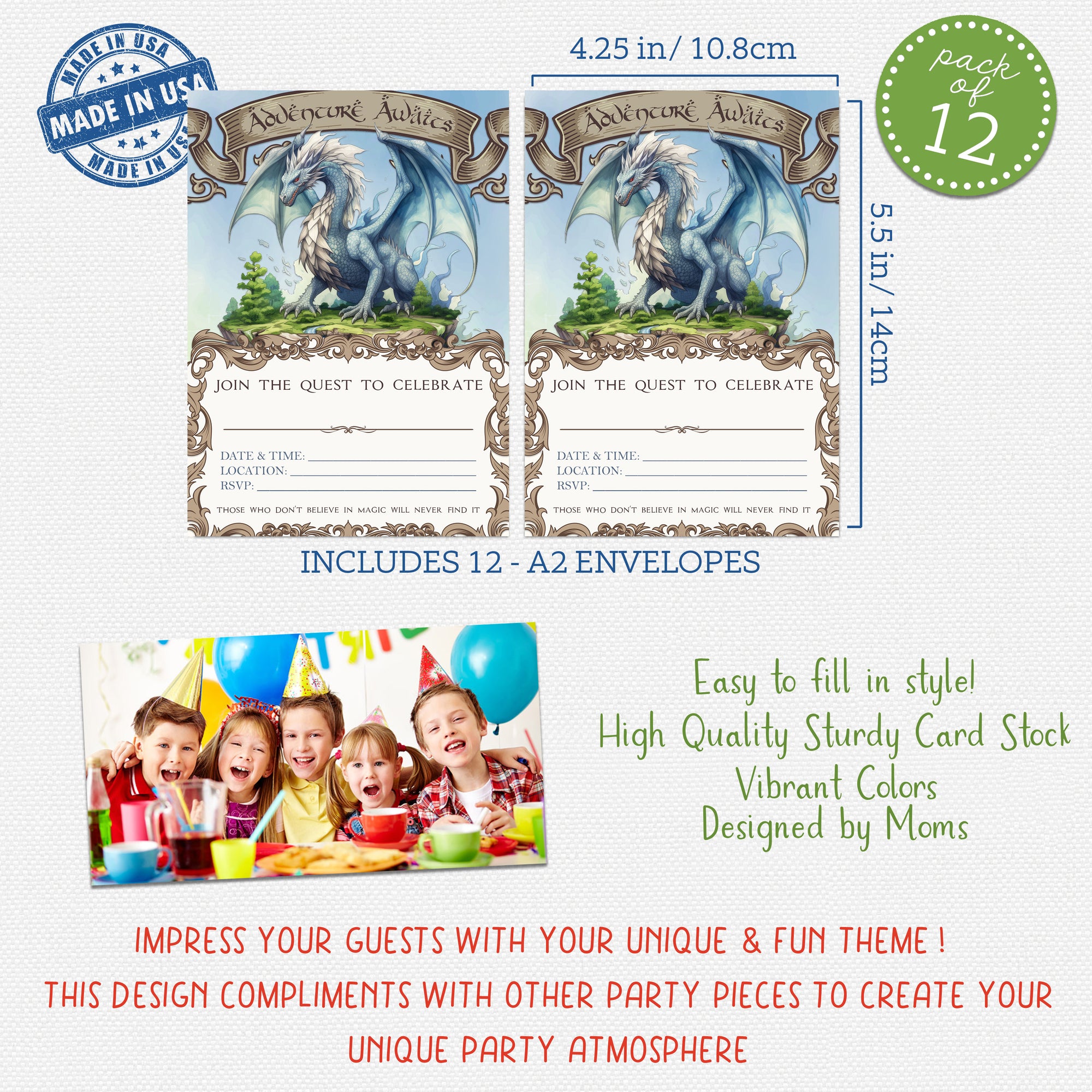 Dragon-themed party invitations with envelopes, designed by moms, made in USA.