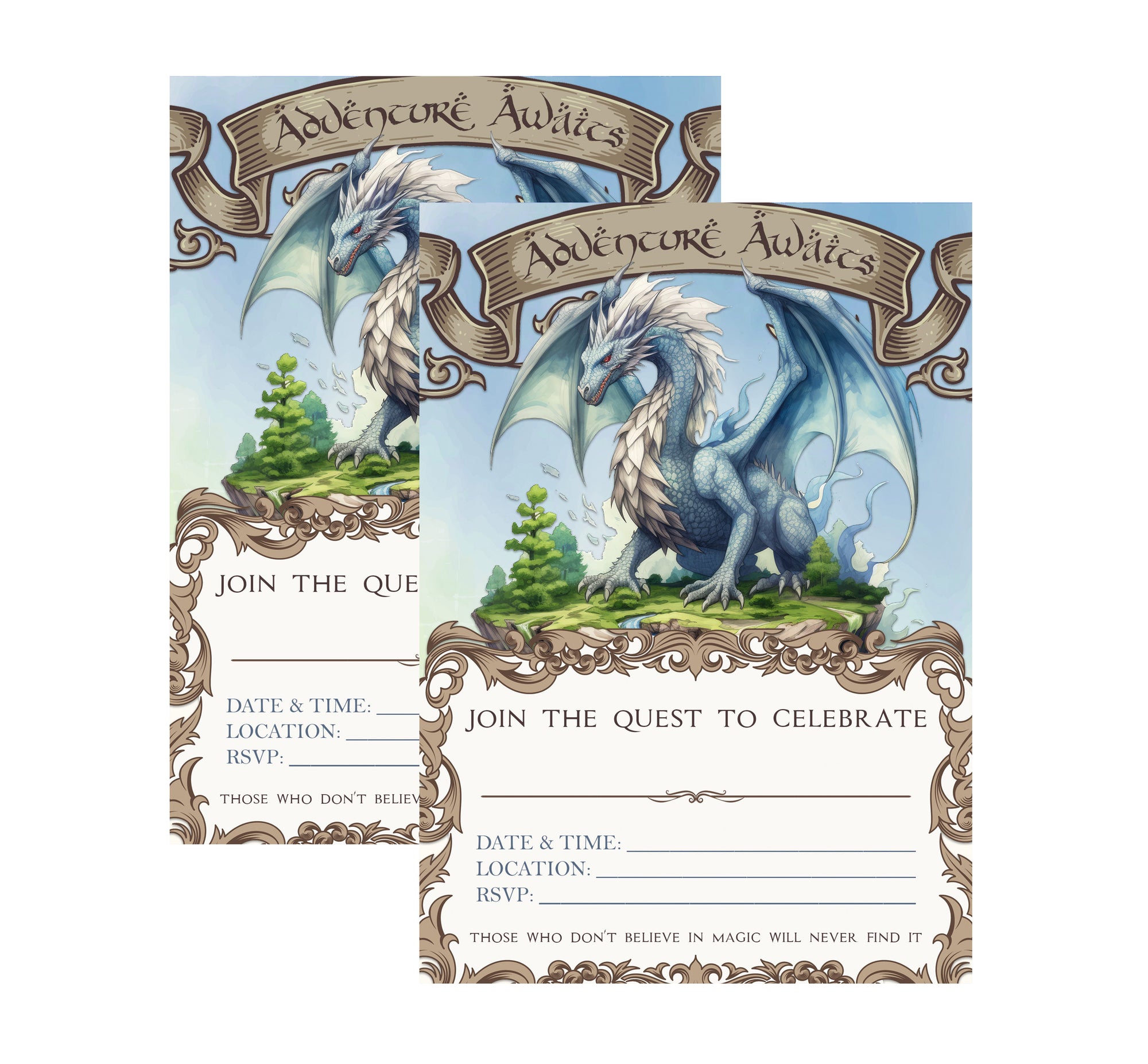 Two dragon-themed invitations with decorative elements on a white background