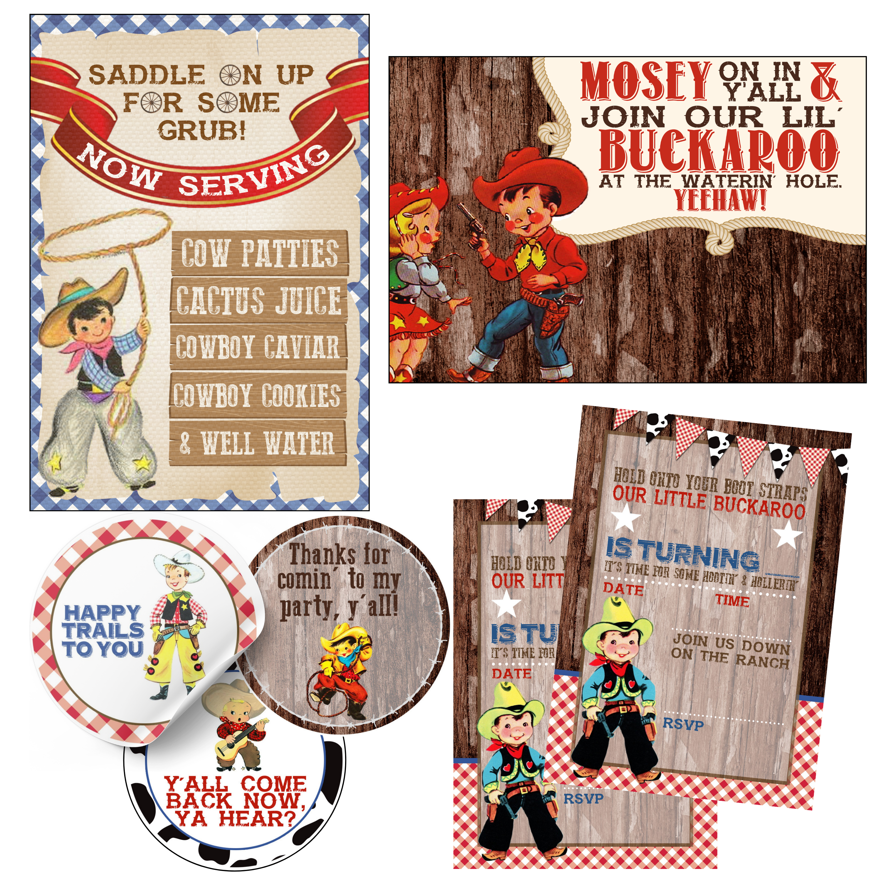 A set of cowboy-themed party supplies including a dinner menu, invitation, place cards, and round badges, all decorated with illustrations of a cowboy and cowgirl on a rustic wood and red-and-white checkered background.