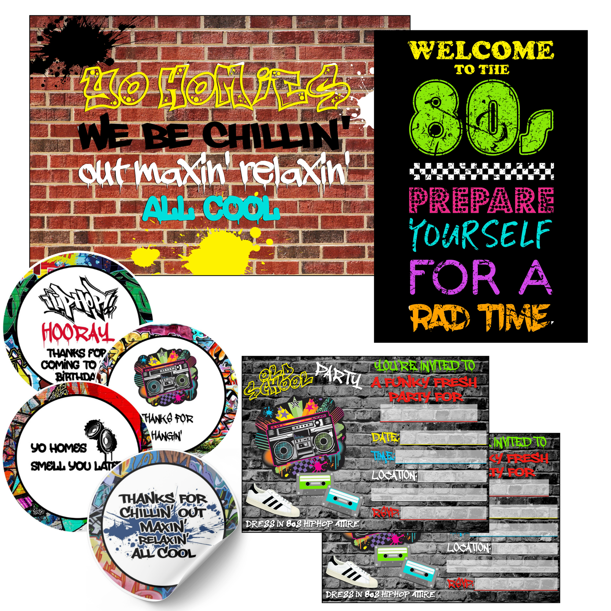 A collage showing a 80s-themed party decoration and game set, including a brick-patterned welcome sign, a neon 'Welcome to the 80s' poster, several round printed game tokens, and several rectangular game boards and cards with retro 80s graphics.