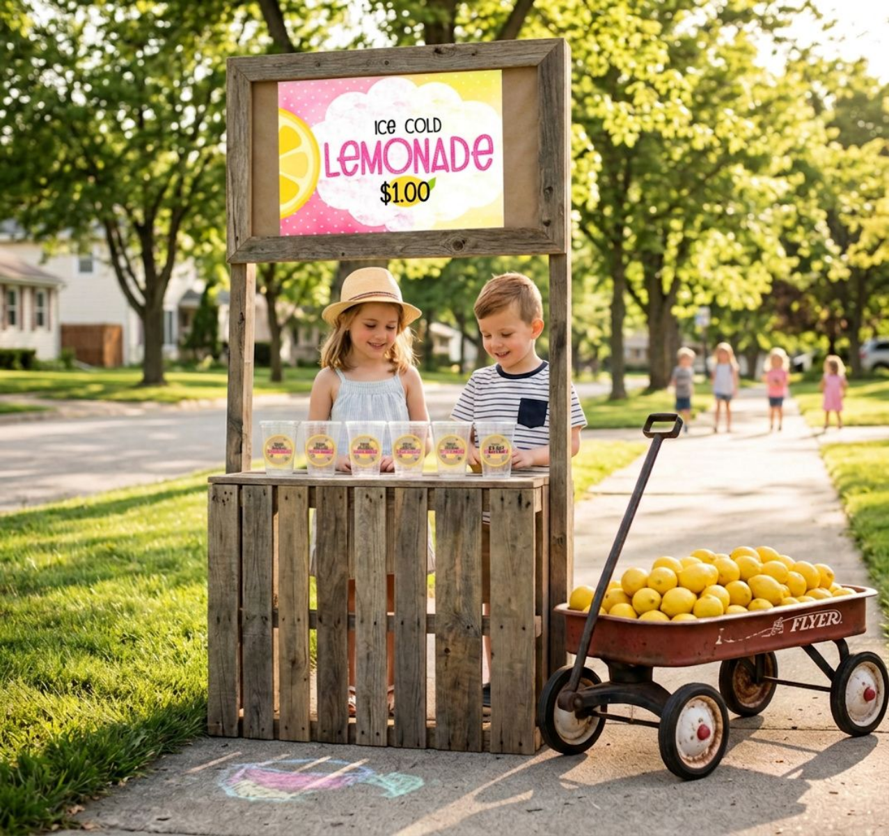 Two children selling lemonade at a wooden stand with a cart full of lemons on a sunny day.
