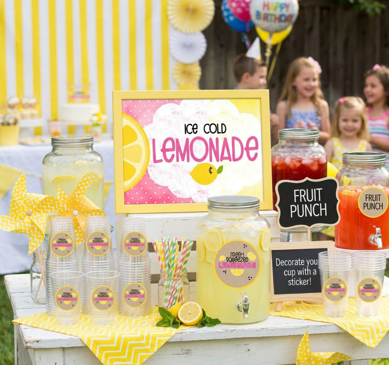 Outdoor lemonade stand with lemonade and fruit punch, children in the background