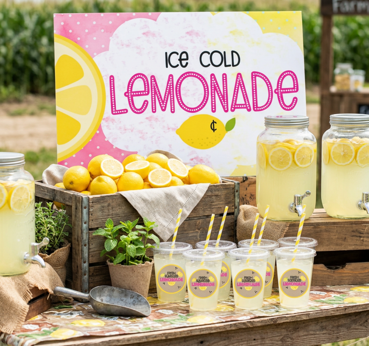 Ice cold lemonade stand with lemons, jars of lemonade, and a sign in the background.