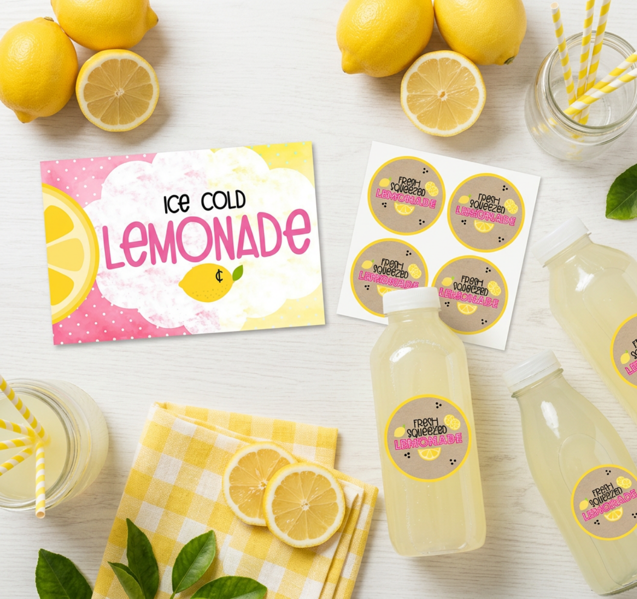 Lemonade setup with lemons, bottles, and a sign on a white surface.