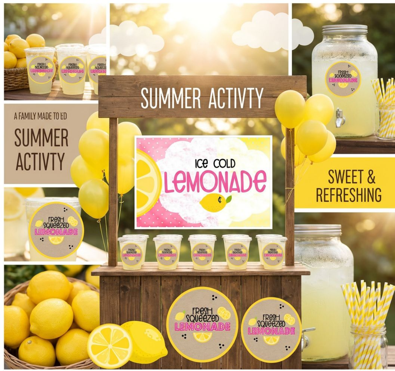 Lemonade stand with lemons, cups, and a sign advertising 'Ice Cold Lemonade'.