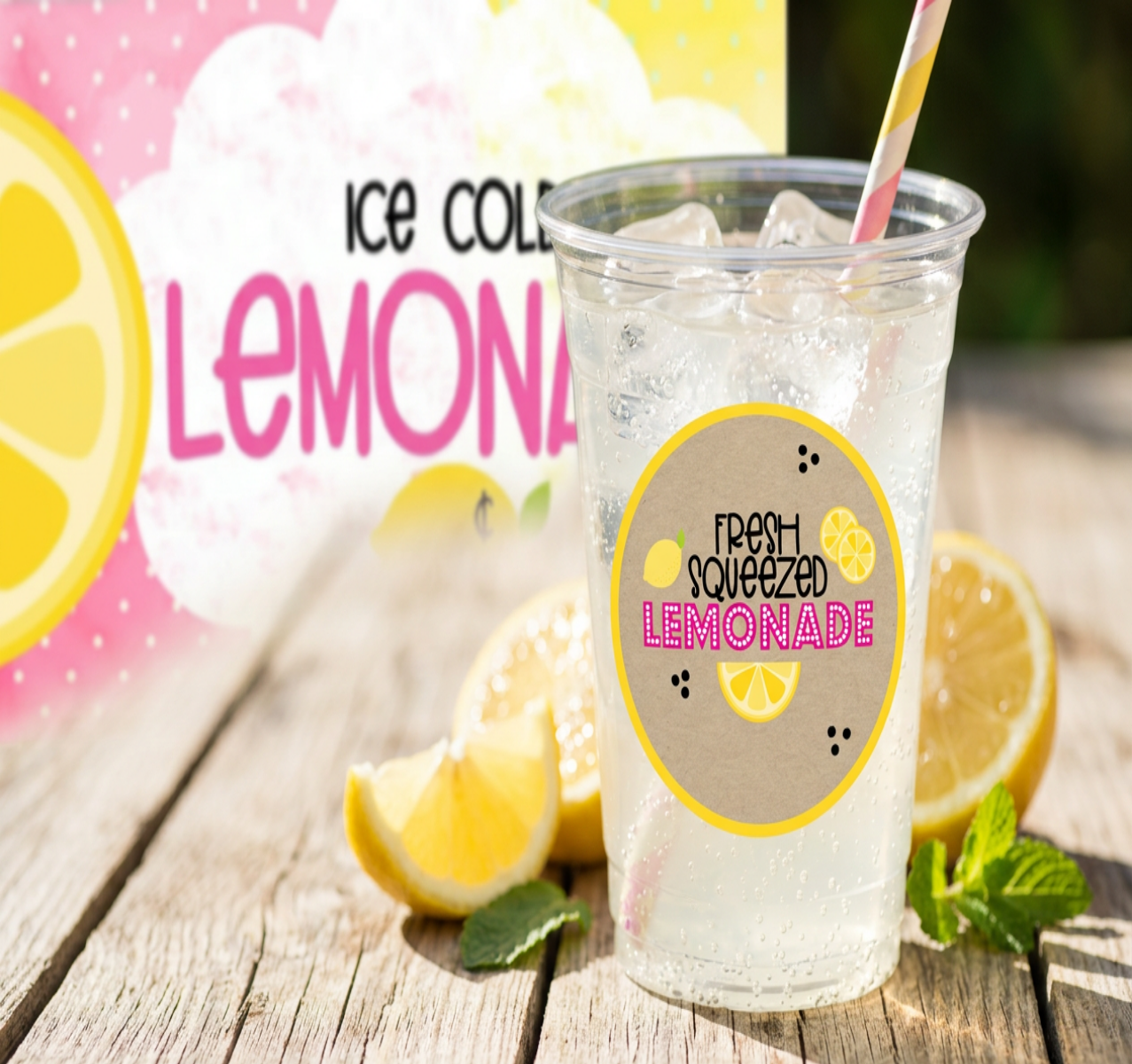 Clear plastic cup of ice cold lemonade with a straw, surrounded by lemons and mint leaves on a wooden surface.