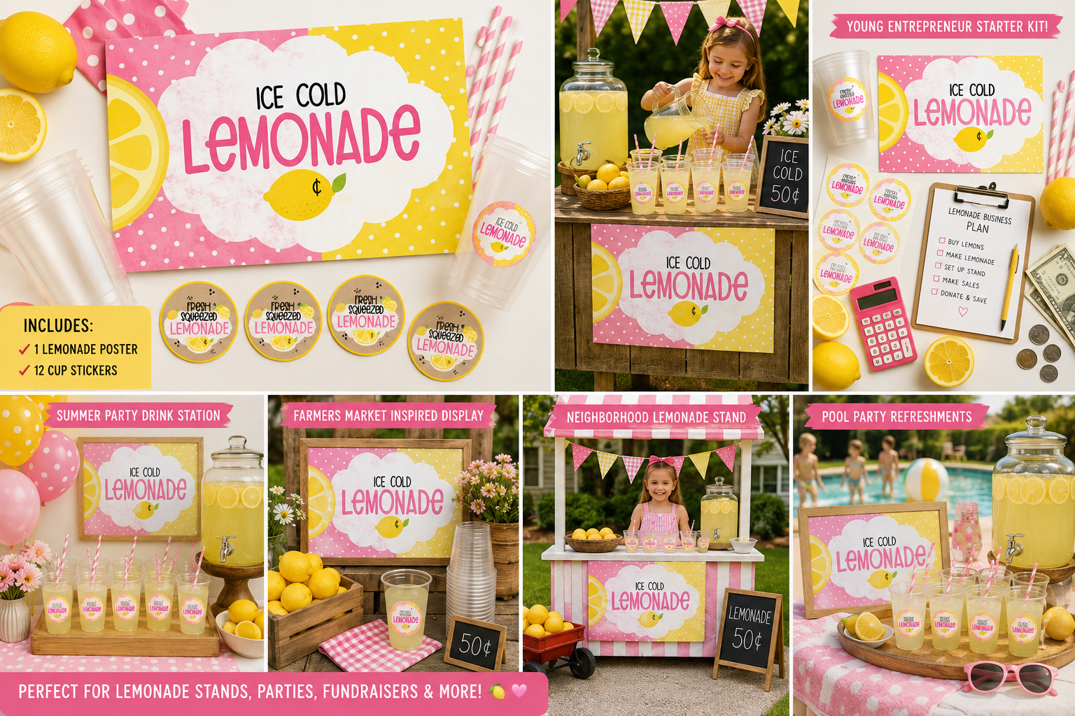 Collage of lemonade stand-themed party supplies and decor with pink and yellow color scheme.