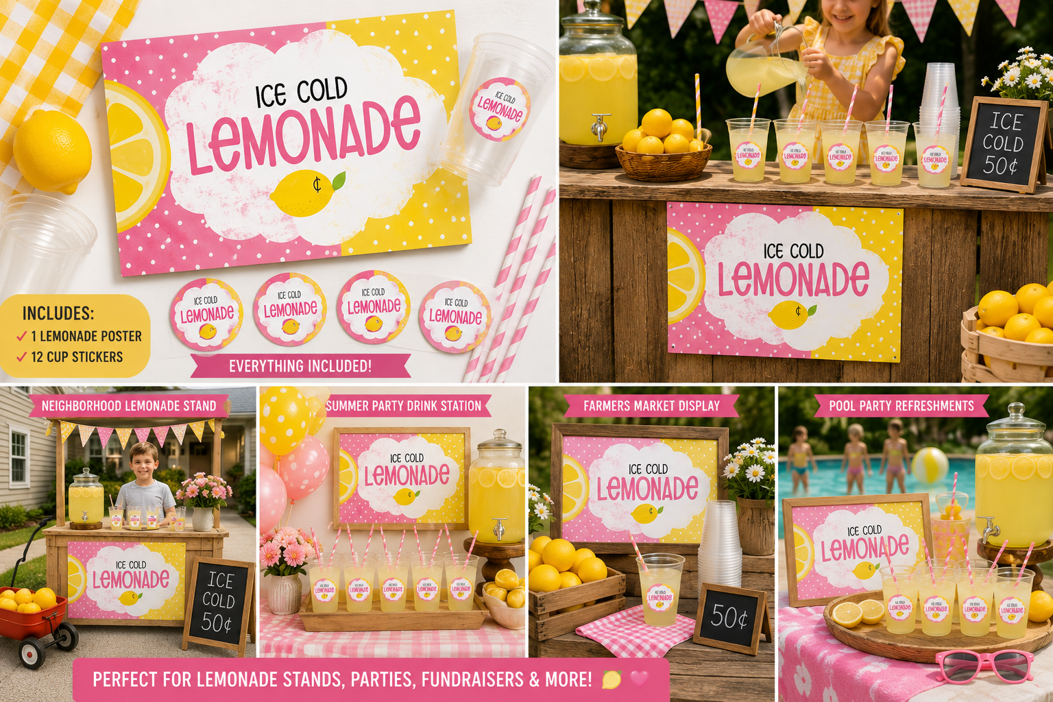 Vintage Lemonade Stand Kit featuring a lemonade stand poster and 12 matching Fresh Squeezed Lemonade cup stickers for kids summer lemonade stands and parties.