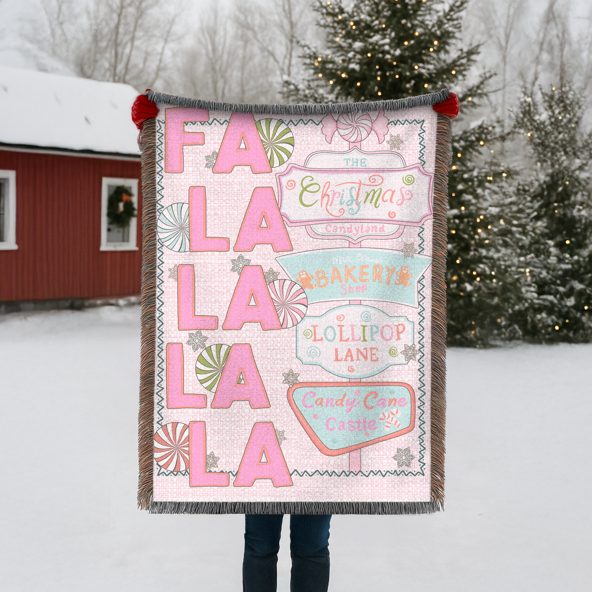 Christmas Candyland Trendy Pink Peppermint Lollipop Lane Woven Blanket Throw