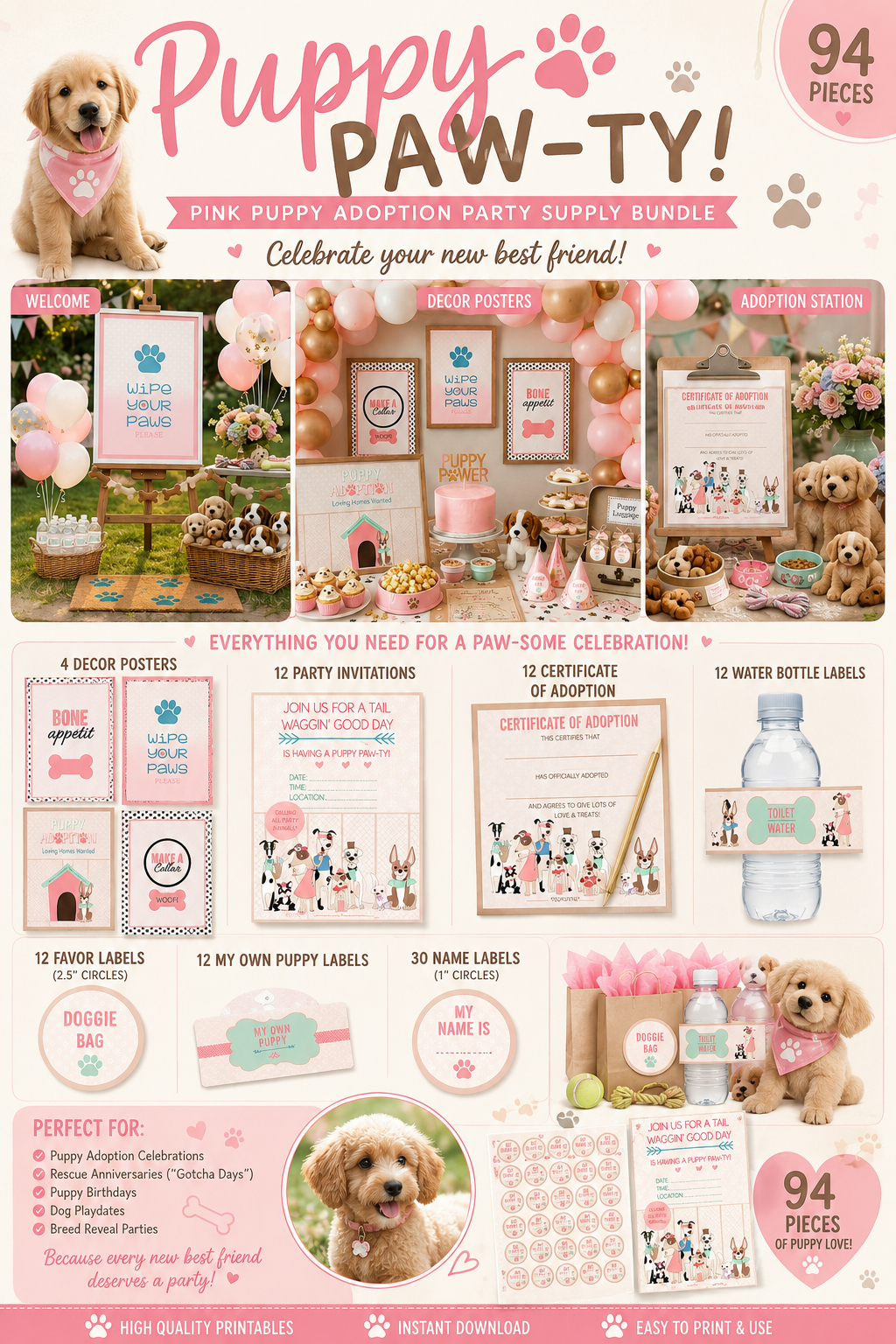 Puppy Paw-Ty Party Kit | Pink Dog Adoption & Gotcha Day Party Supplies, 94 Pieces