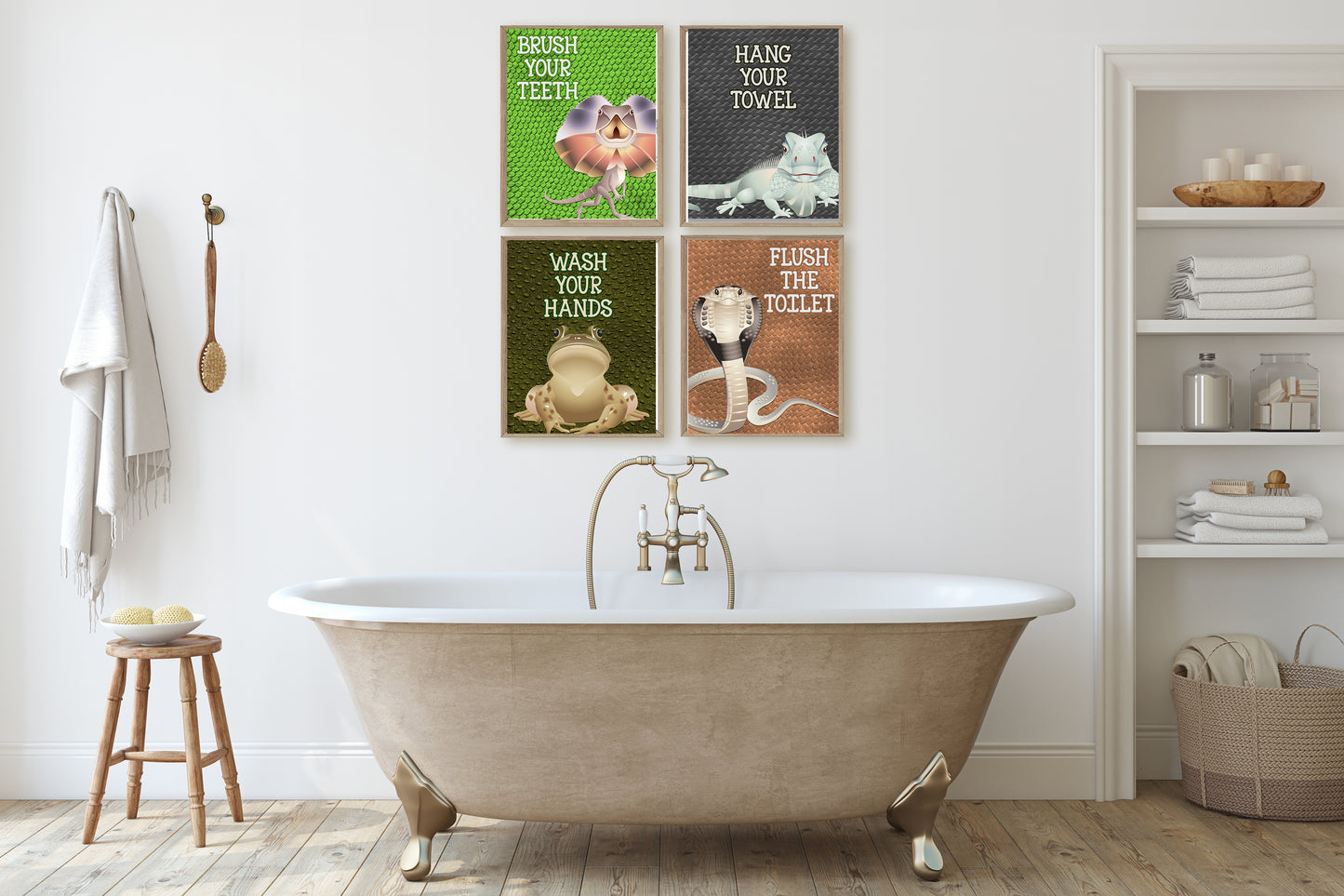 Reptile Themed Bathroom Reminder Wall Art Print Decor Set, Snake Lizard Frog Desert
