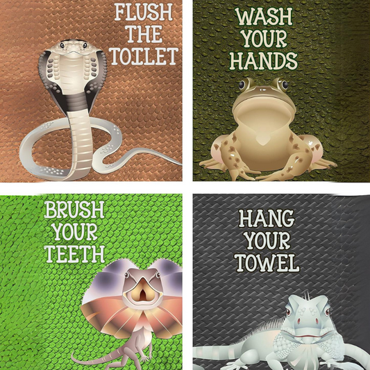 Reptile Themed Bathroom Reminder Art Print Wall Decor featuring Snake Lizards Frog in Desert Colors and patterns