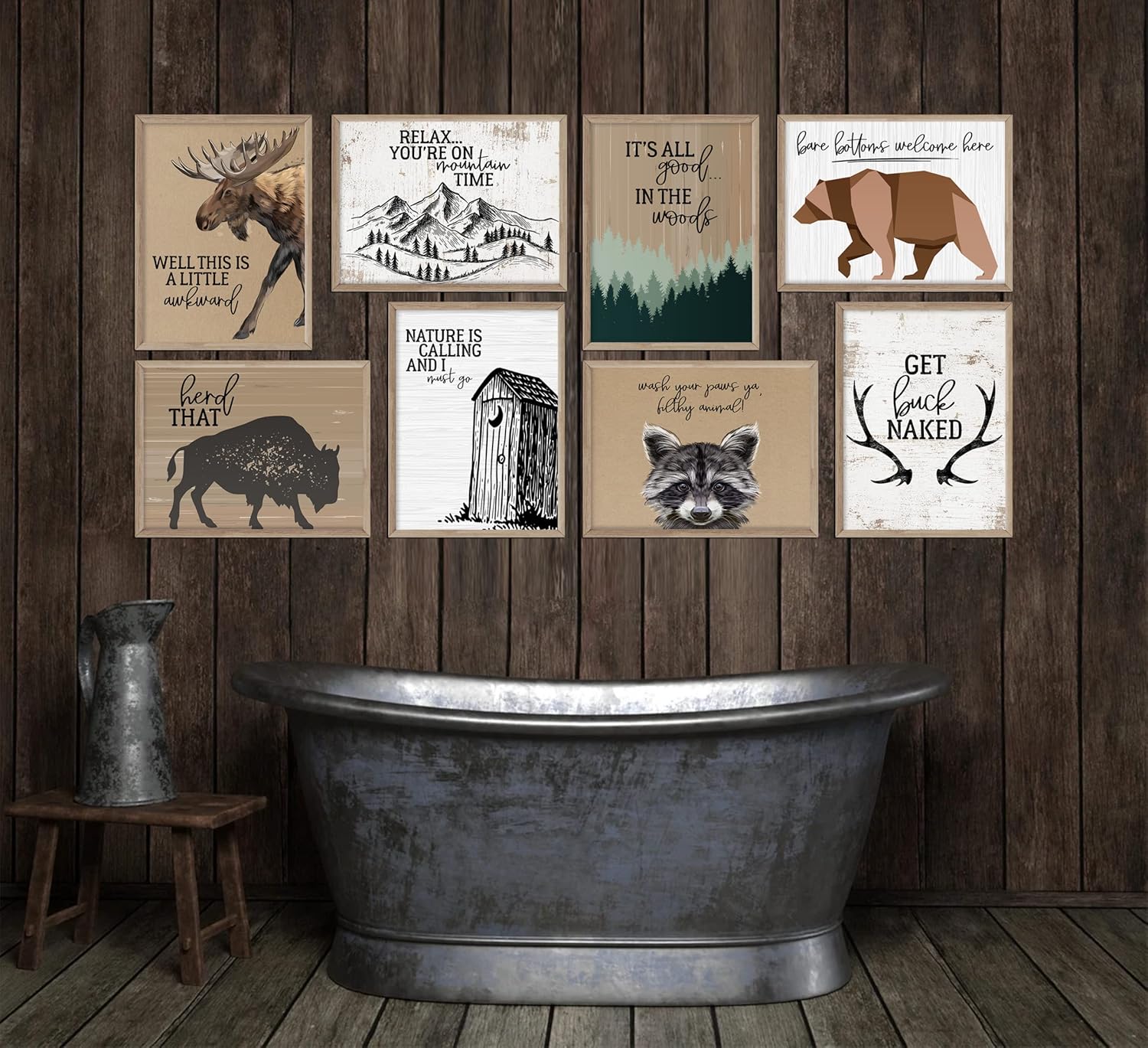 Fun, Rustic Wilderness Themed Bathroom Wall Art Print Decor Set of 8. Featuring Moose, Bear, Mountains, Buffalo, Buck and Raccoon. Funny sayings to match each print.  Unique and USA Made.