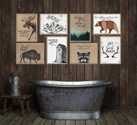 Fun, Rustic Wilderness Themed Bathroom Wall Art Print Decor Set of 8. Featuring Moose, Bear, Mountains, Buffalo, Buck and Raccoon. Funny sayings to match each print.  Unique and USA Made.