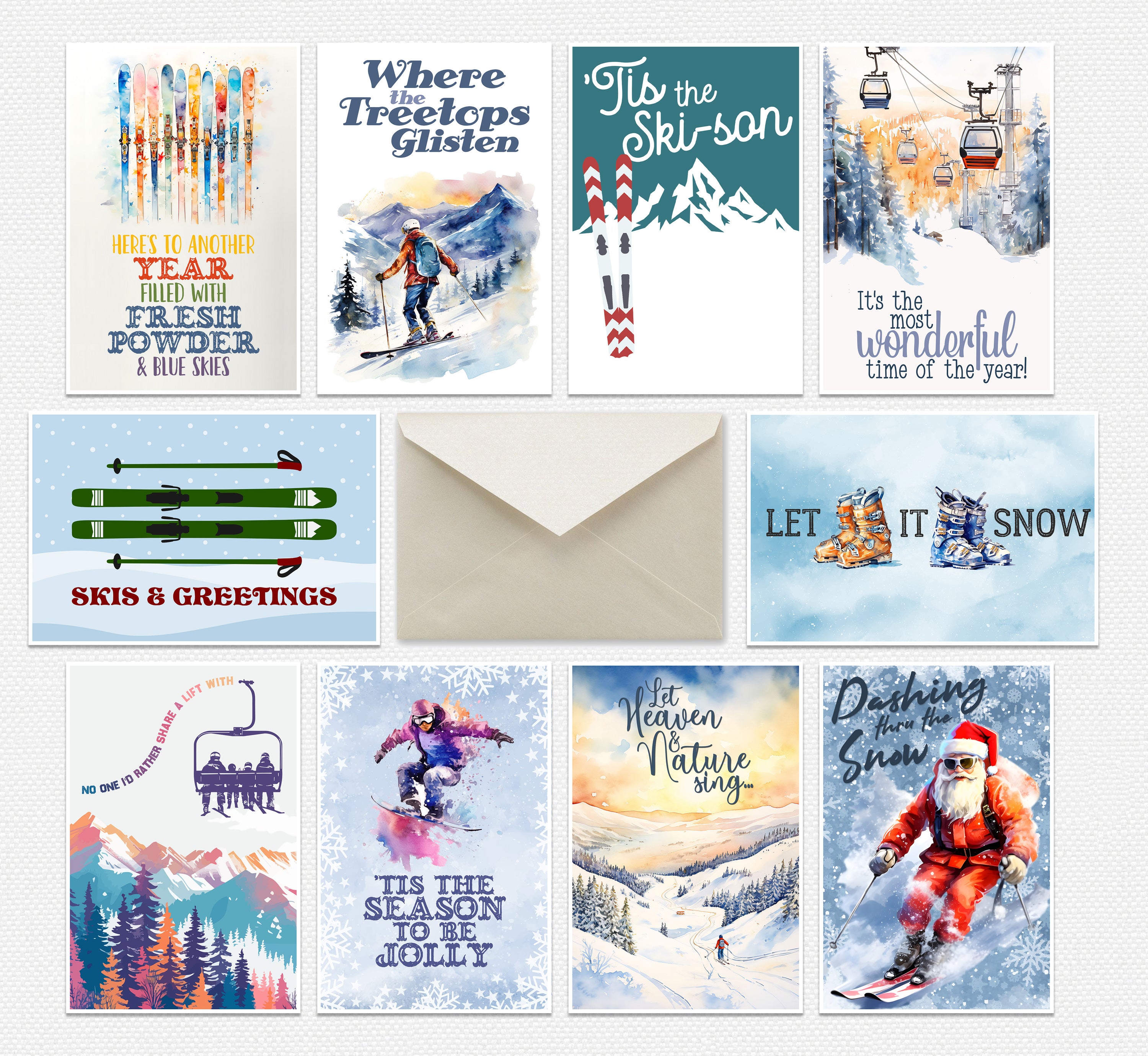 Collection of winter-themed greeting cards with skiing and snow scenes on a white background.