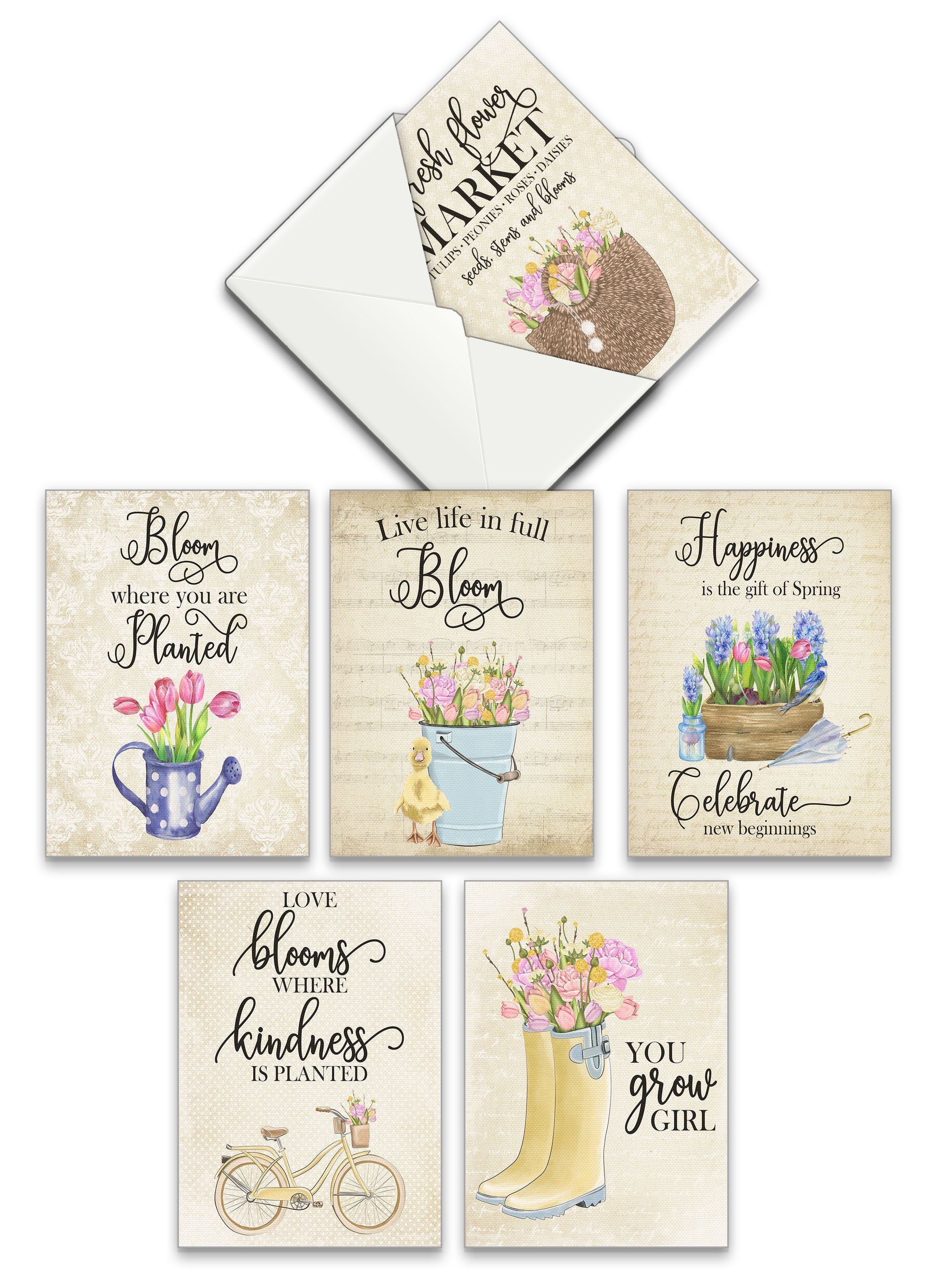 Set of six motivational cards with floral and nature-themed designs on a white background.