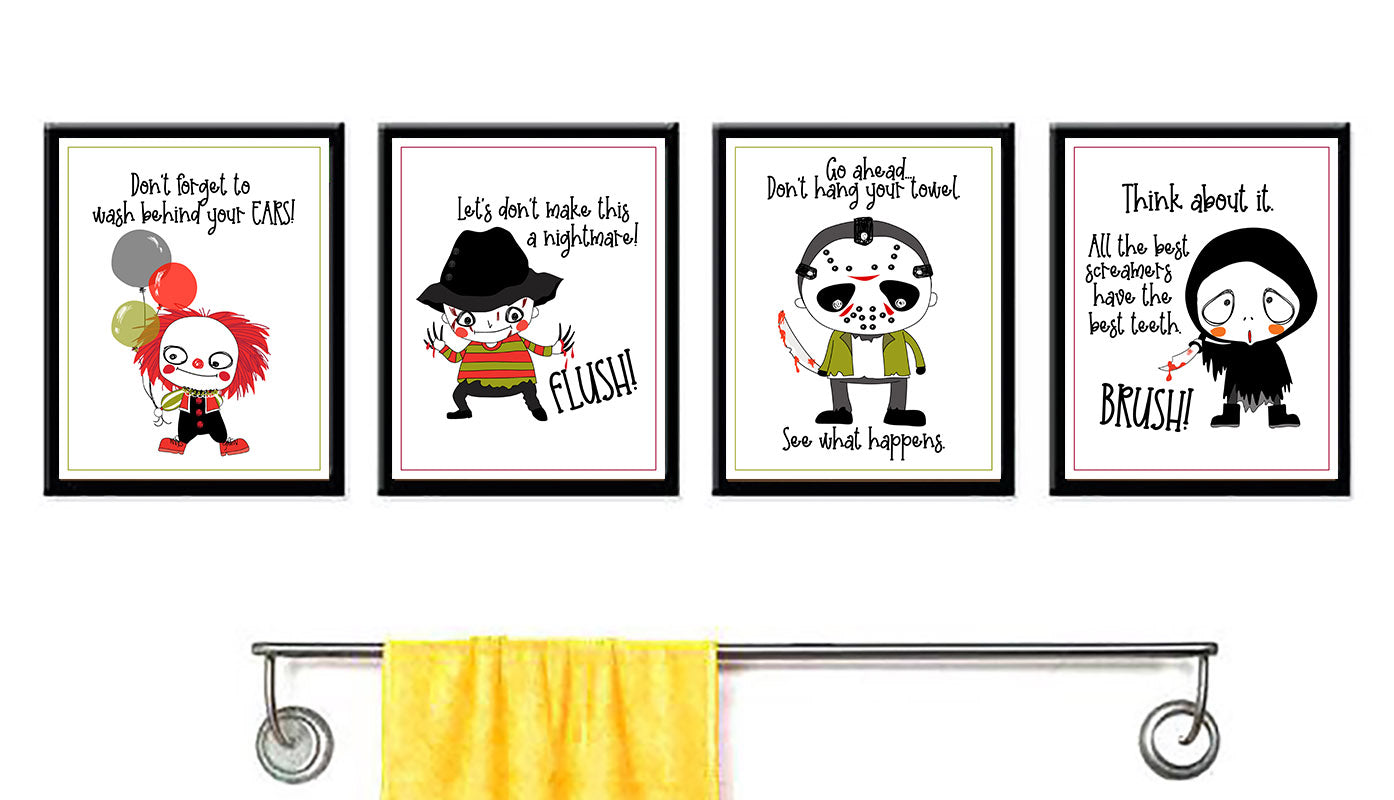 Funny Horror Movie Character Themed Bathroom Wall Art Decor (Set of 4) Prints Pictures Hanging Poster 8x10in.