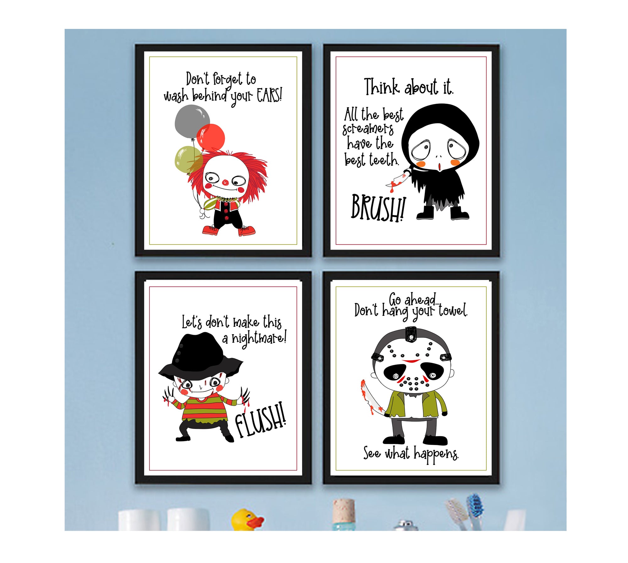 Funny Horror Movie Character Themed Bathroom Wall Art Decor (Set of 4) Prints Pictures Hanging Poster 8x10in.