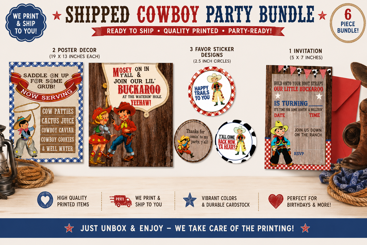 A cowboy-themed party bundle print preview with multiple decorative signs, a favor sticker design, an invitation, and a shipping badge on a beige background with western props.