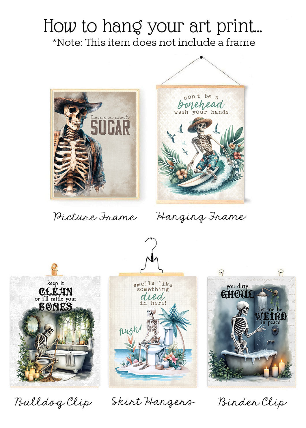 Wash Up Buttercup - Funny Skeleton Western Themed Wall Art Prints (Set of 6) 8x10