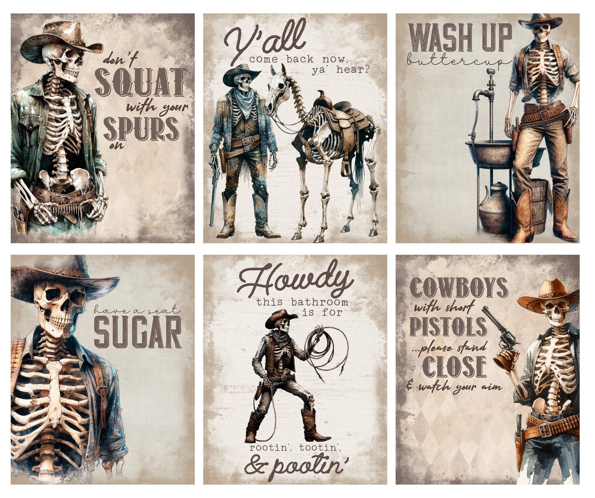 Wash Up Buttercup - Funny Skeleton Western Themed Wall Art Prints (Set of 6) 8x10