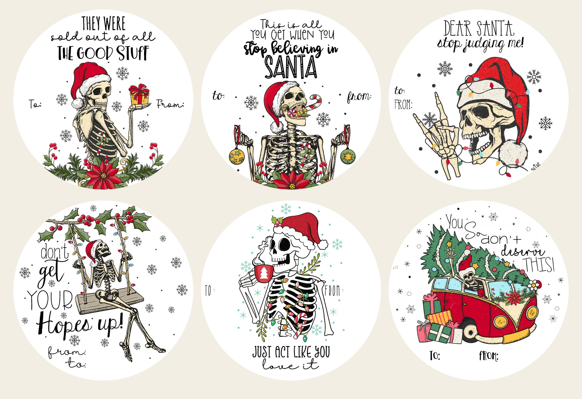 Set of six Christmas-themed gift labels with skeletons and holiday elements on a beige background.