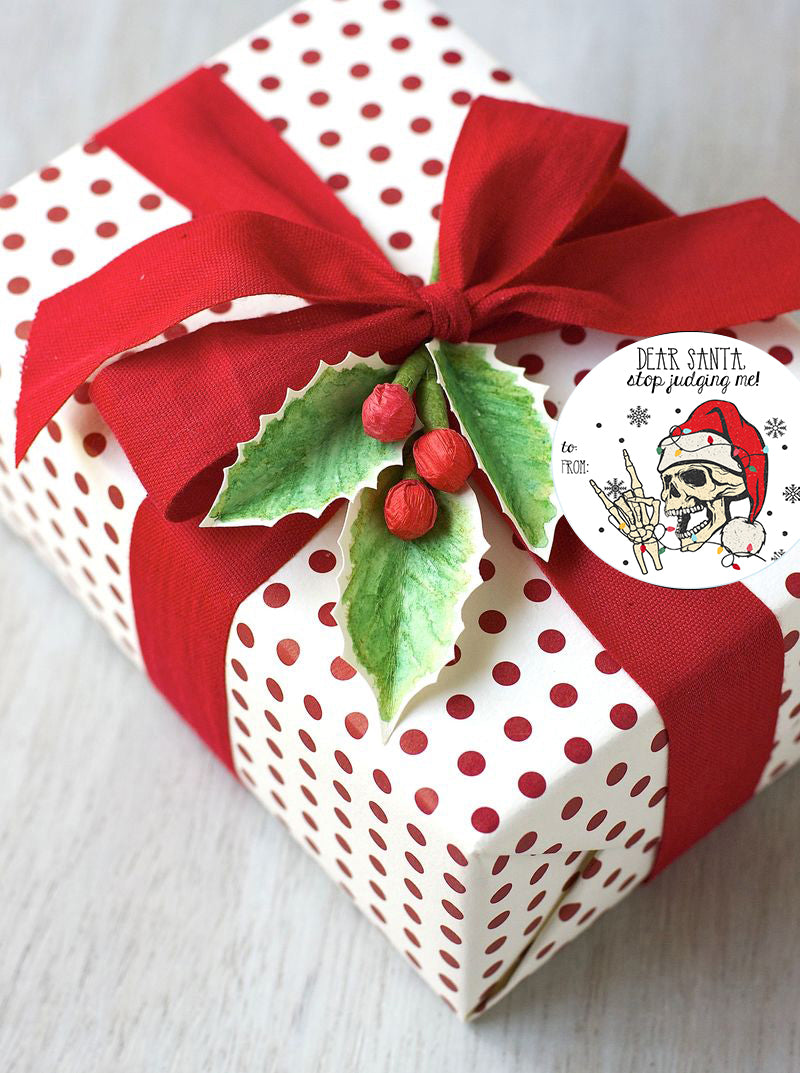 Funny Skeleton Christmas Gift Tag Stickers Set of 24 — Self Adhesive Spooky Holiday Present Labels Bulk