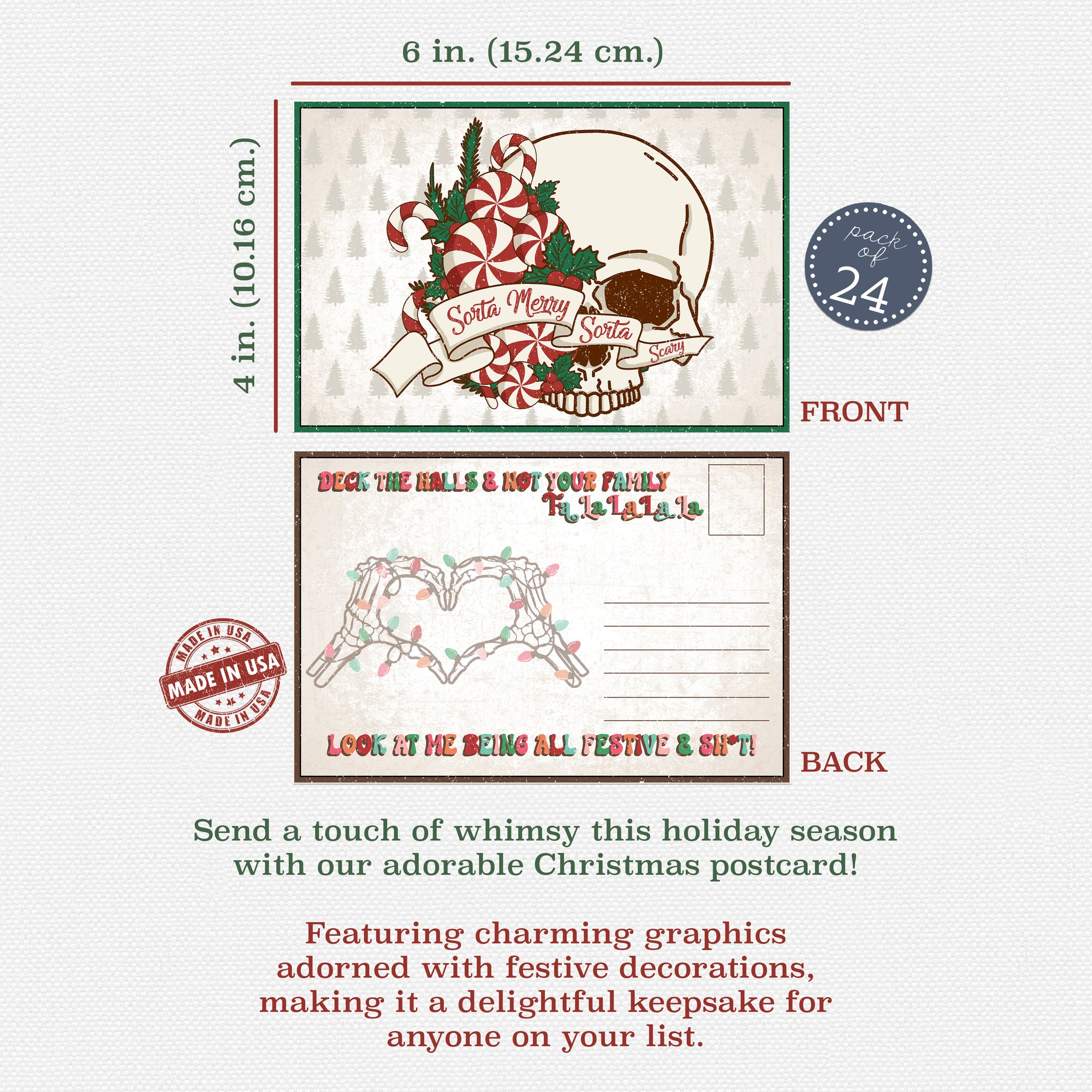 Festive Holiday Skeleton Christmas Themed Postcards Set of 24