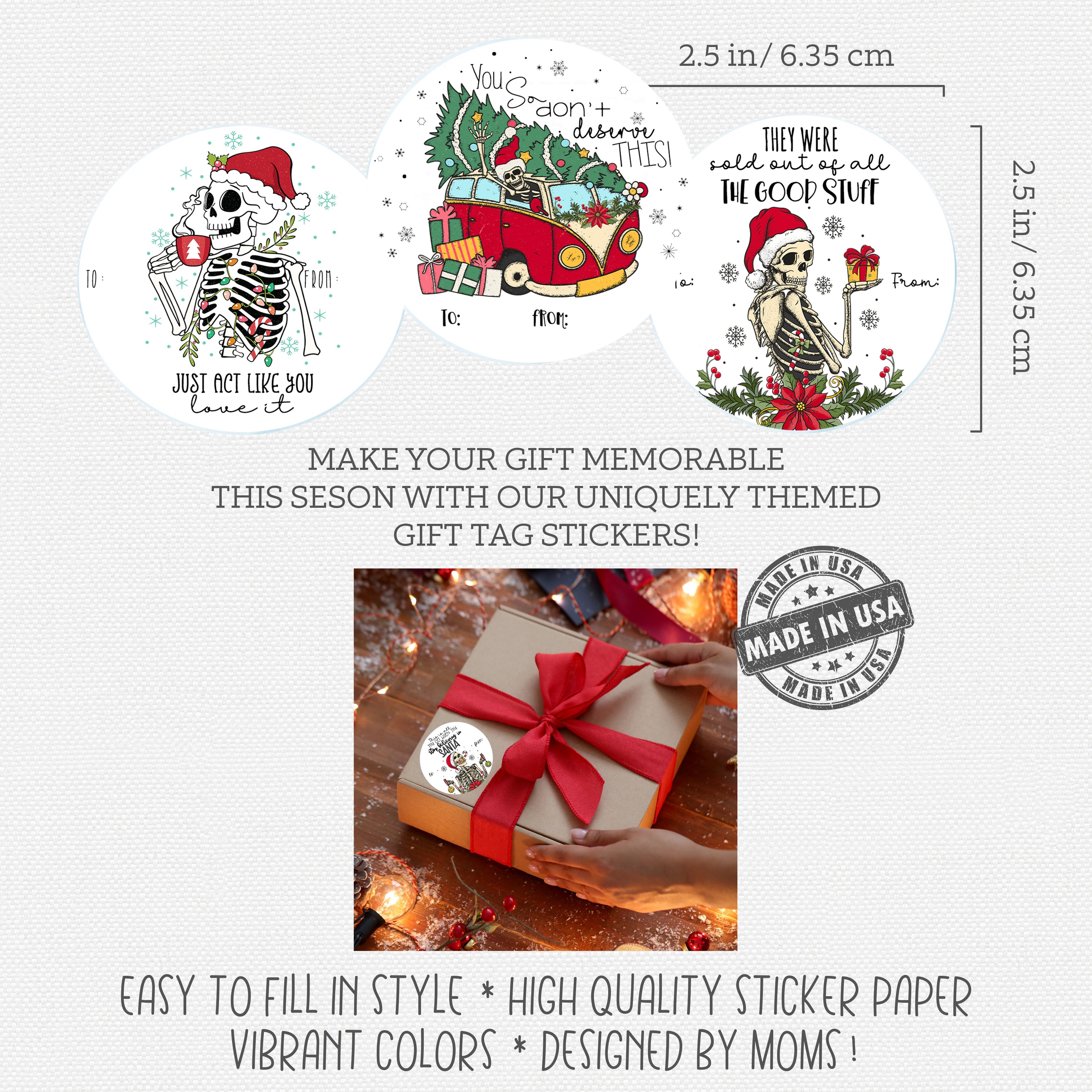 Funny Skeleton Christmas Gift Tag Stickers Set of 24 — Self Adhesive Spooky Holiday Present Labels Bulk