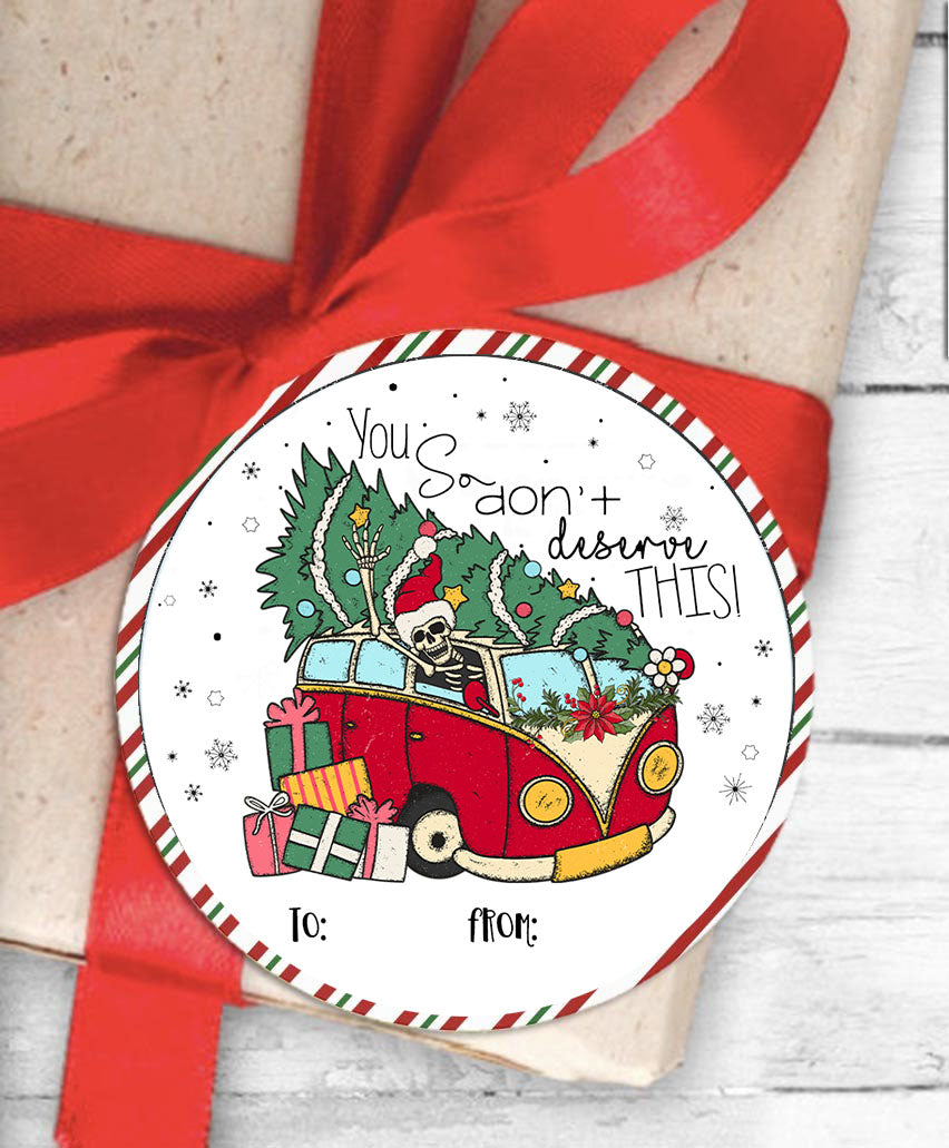 Funny Skeleton Christmas Gift Tag Stickers Set of 24 — Self Adhesive Spooky Holiday Present Labels Bulk