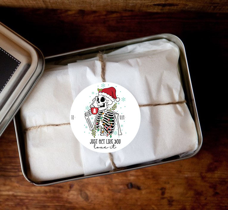 Funny Skeleton Christmas Gift Tag Stickers Set of 24 — Self Adhesive Spooky Holiday Present Labels Bulk