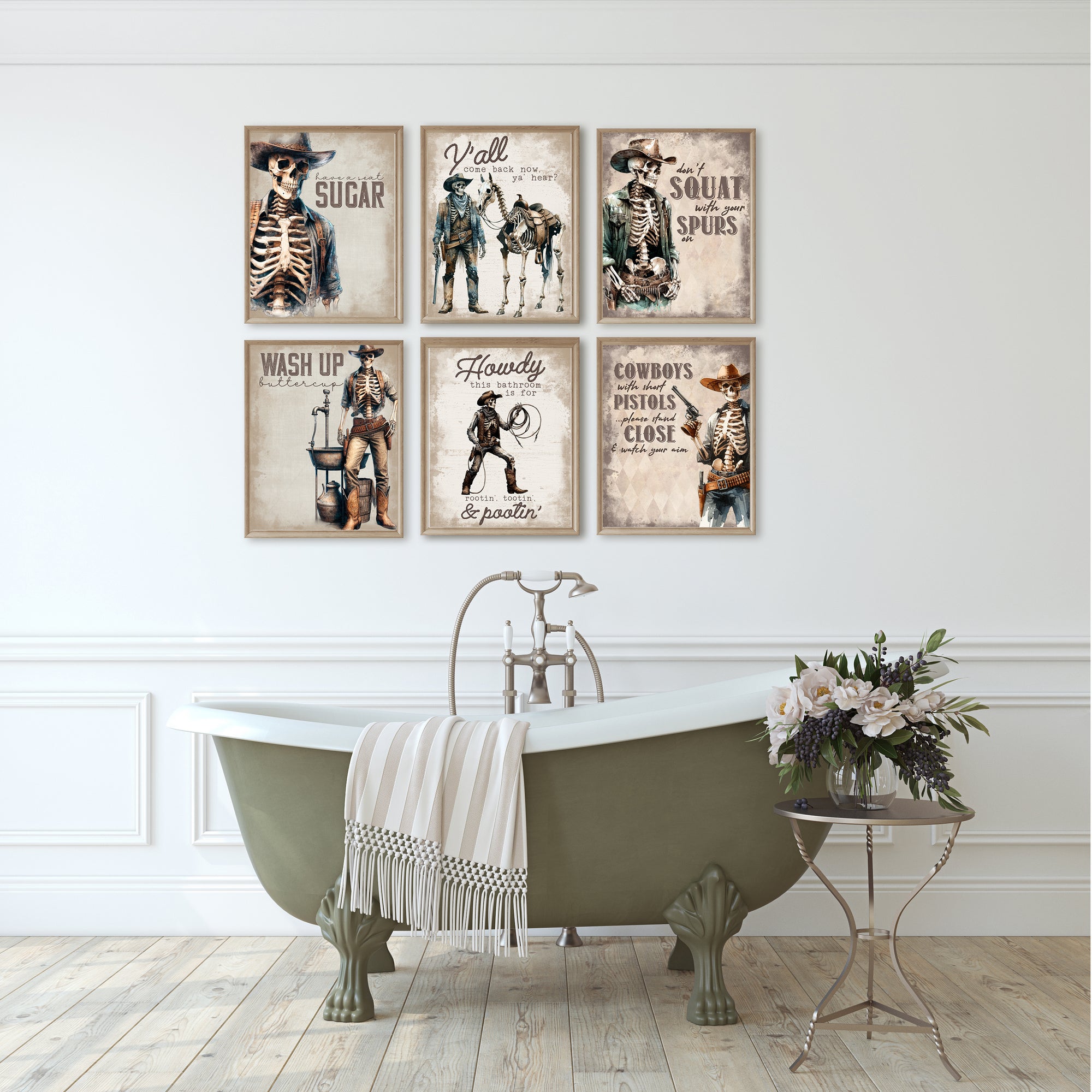 Wash Up Buttercup - Funny Skeleton Western Themed Wall Art Prints (Set of 6) 8x10