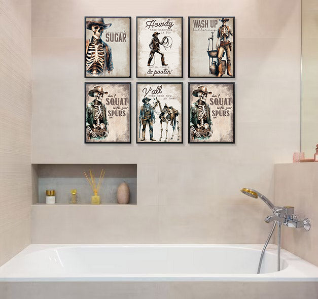 Wash Up Buttercup - Funny Skeleton Western Themed Wall Art Prints (Set of 6) 8x10