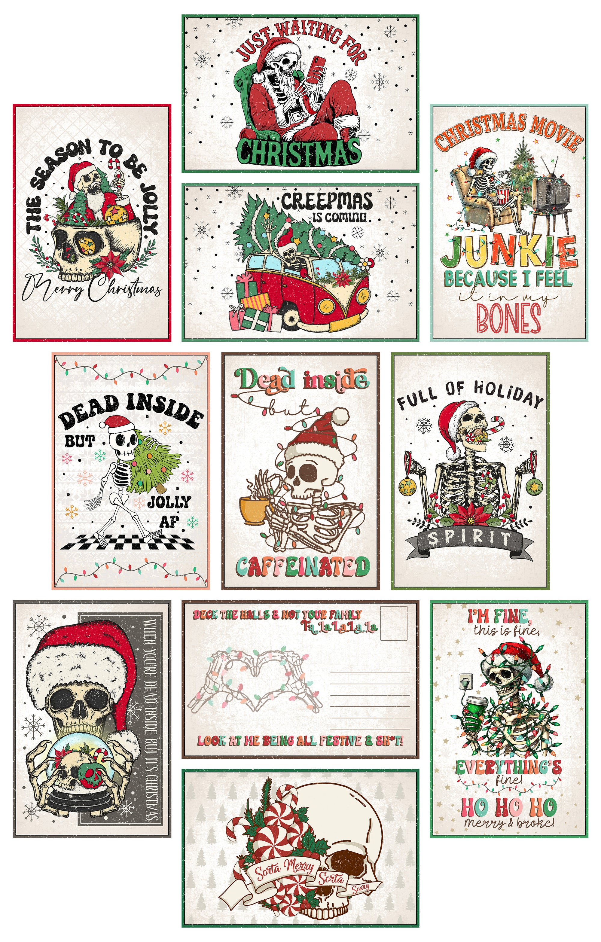 A collection of 24 assorted Christmas-themed postcards with a skeleton and holiday motifs, including designs like 'Dead Inside but Jolly AF' and 'I'm Fine, Everything is Fine!'. Each postcard has a front and back with space for a stamp and personal message.