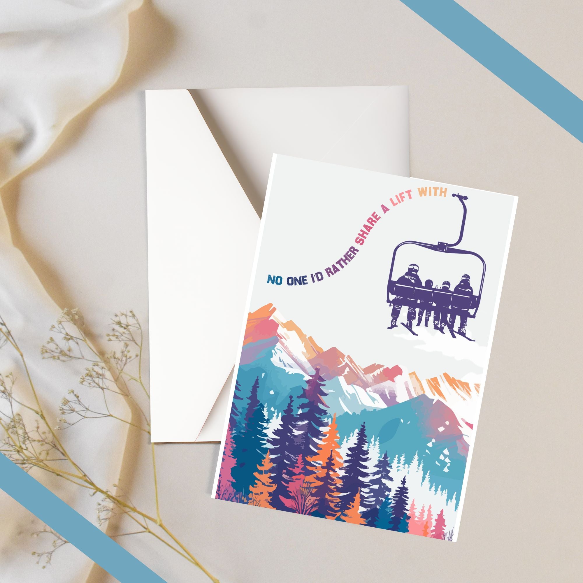 Skis and Greetings - Winter Skiing Christmas Holiday Themed Card Set (Set of 10) with Envelopes Snowboarding Mountain Adventure