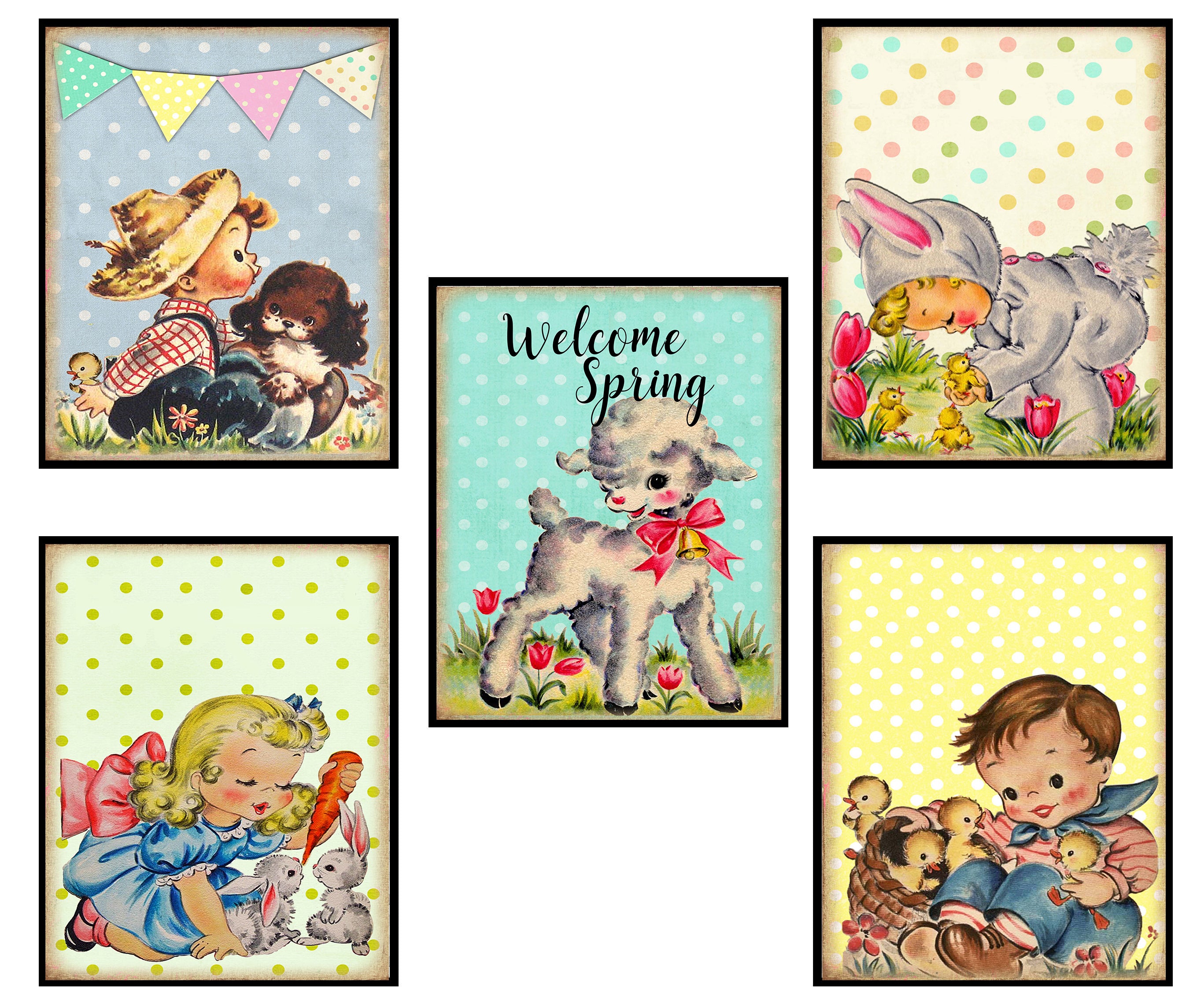 Vintage Spring Children Animal Wall Art Prints (Set of 5) - Digital Download