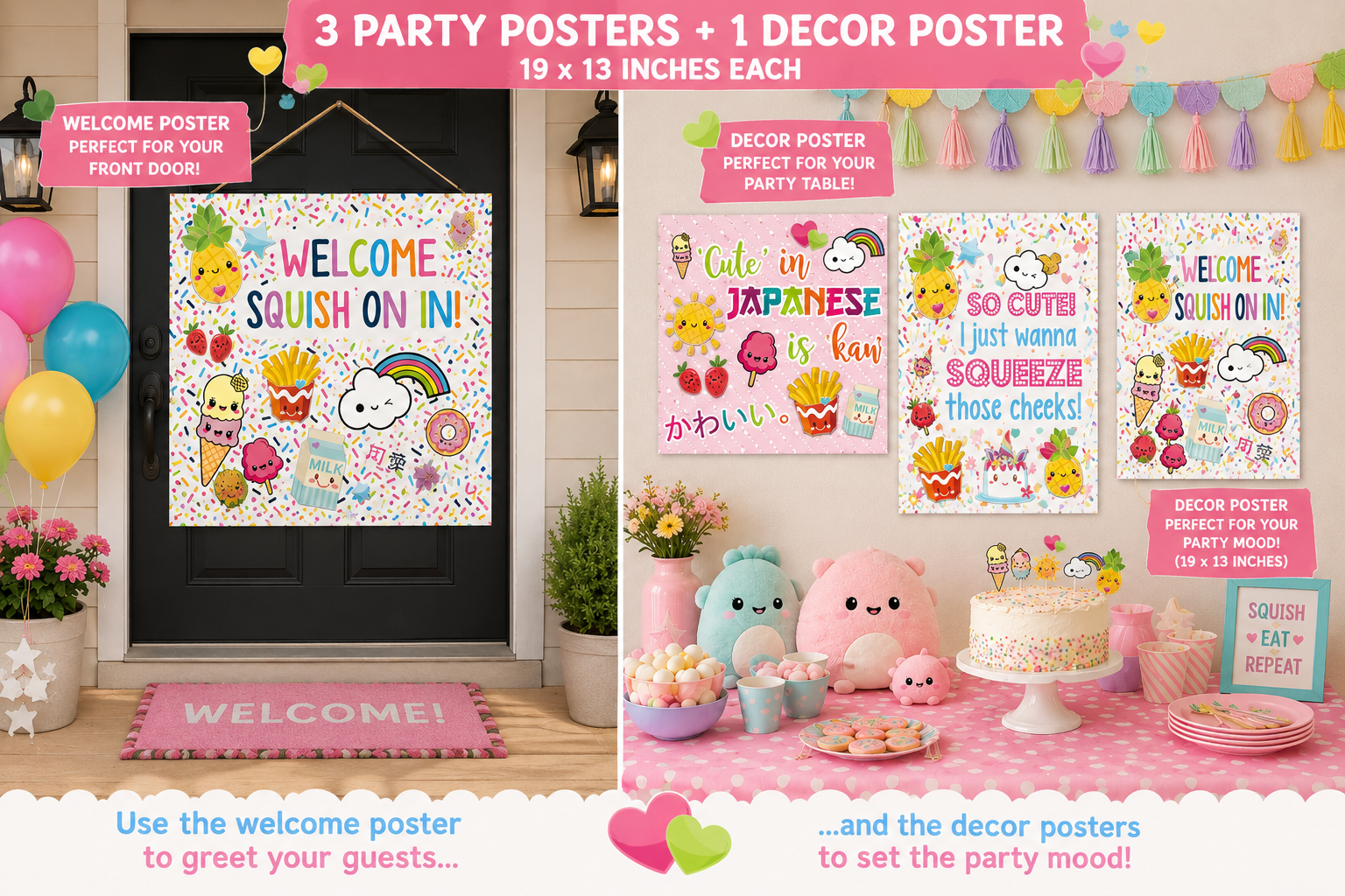 Cute squishy kawaii birthday party posters and party favor stickers set