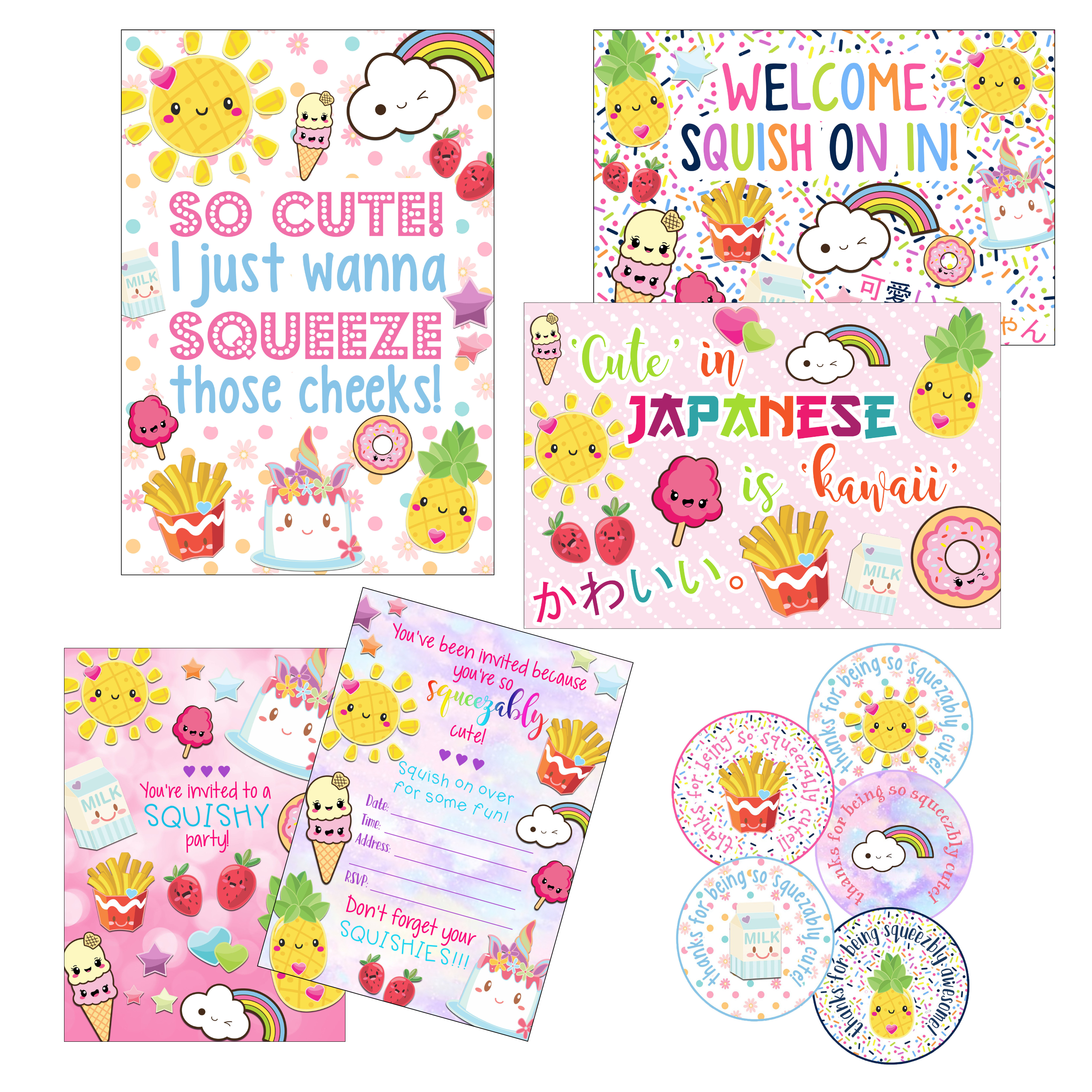 Kawaii squishy themed party invitations, favor stickers and posters flat lay set