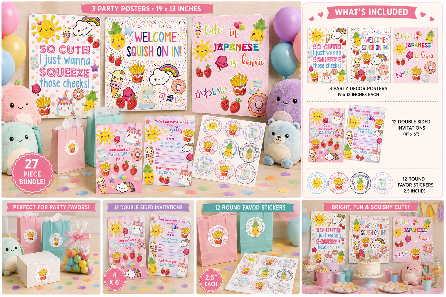 Squishy kawaii party supply bundle with matching invitations, favor stickers and posters