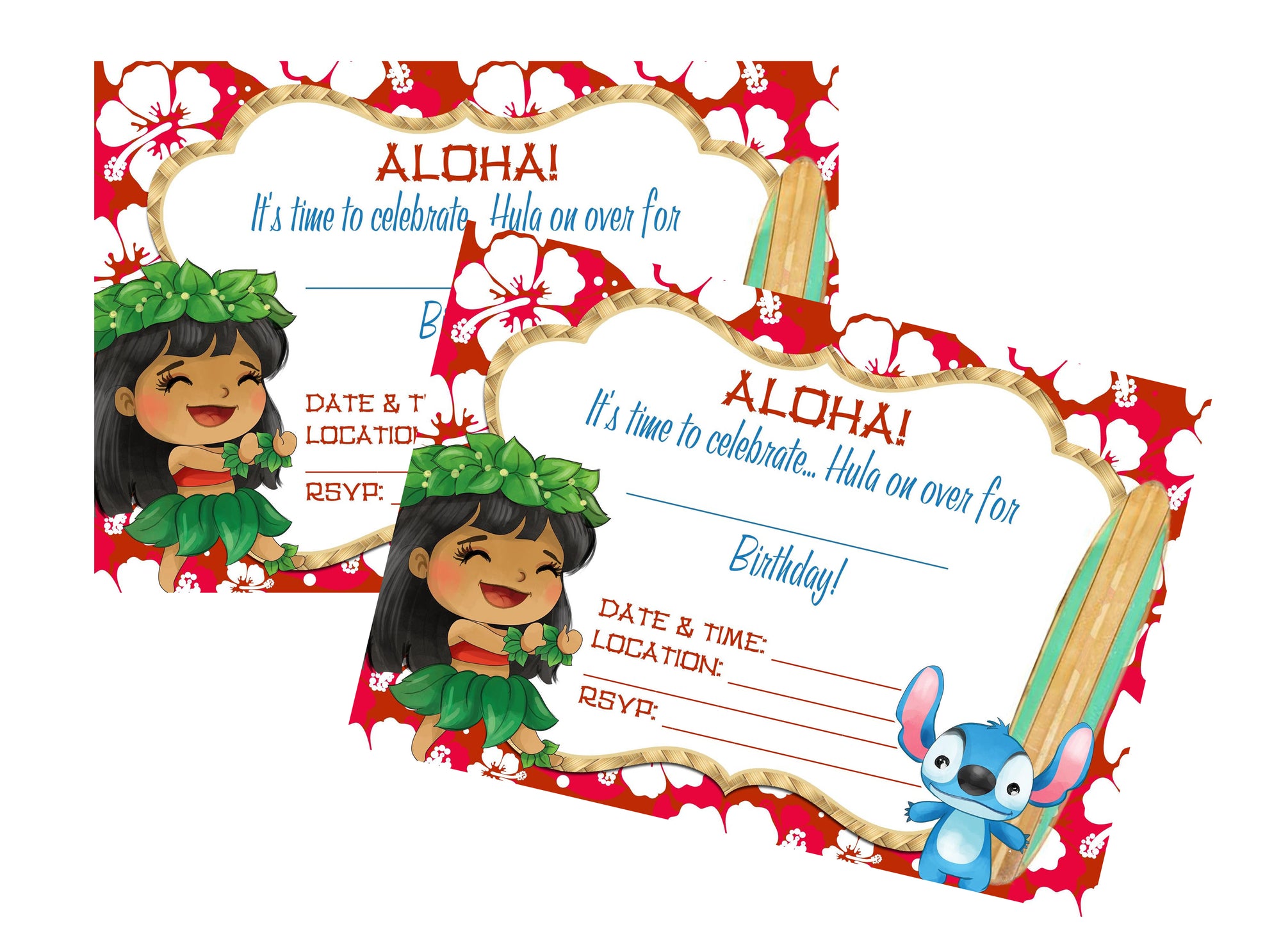 Two Hawaiian themed birthday invitations with a red and white floral border.